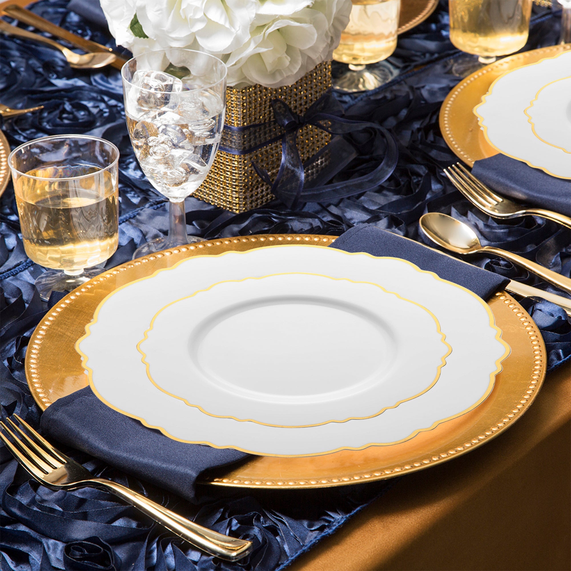 White with Gold Rim Round Blossom Disposable Plastic Wedding Value Set