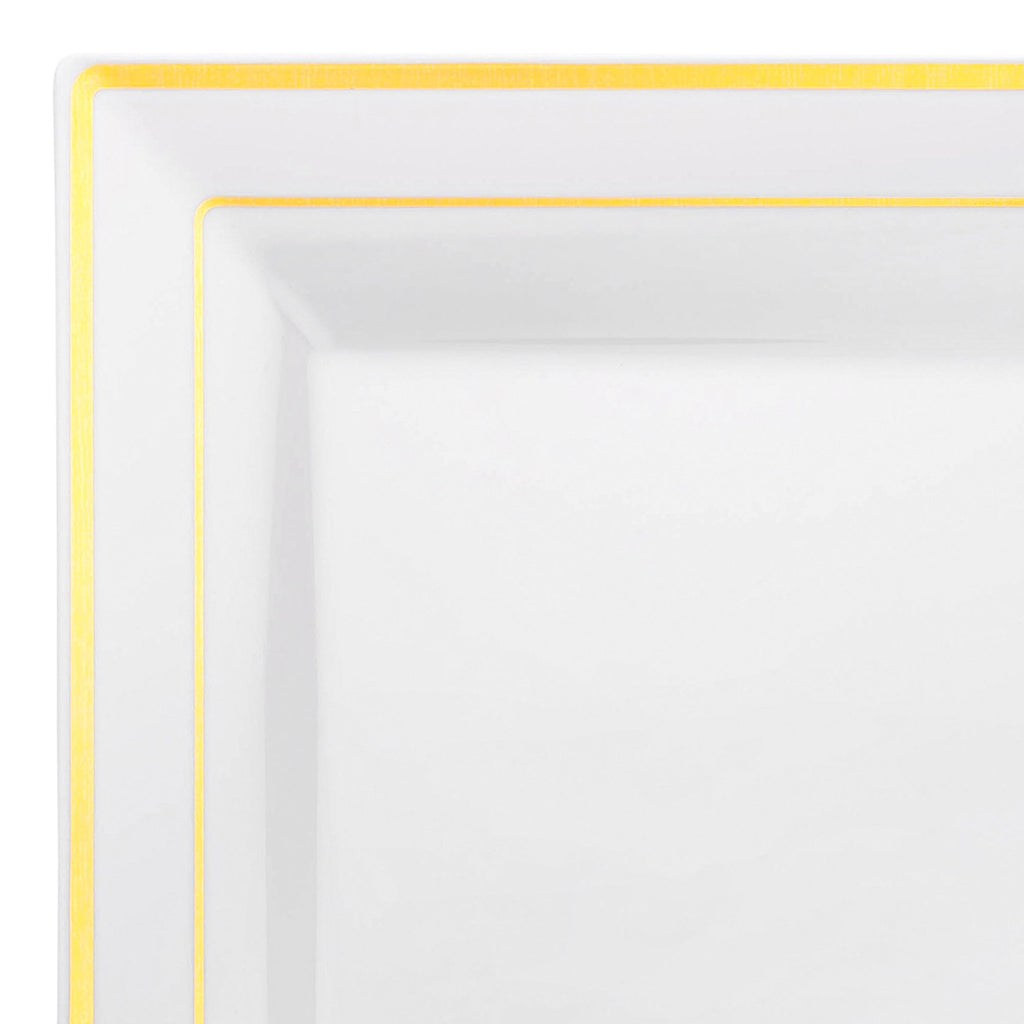 White with Gold Square Edge Rim Plastic Dinner Plates (9.5")