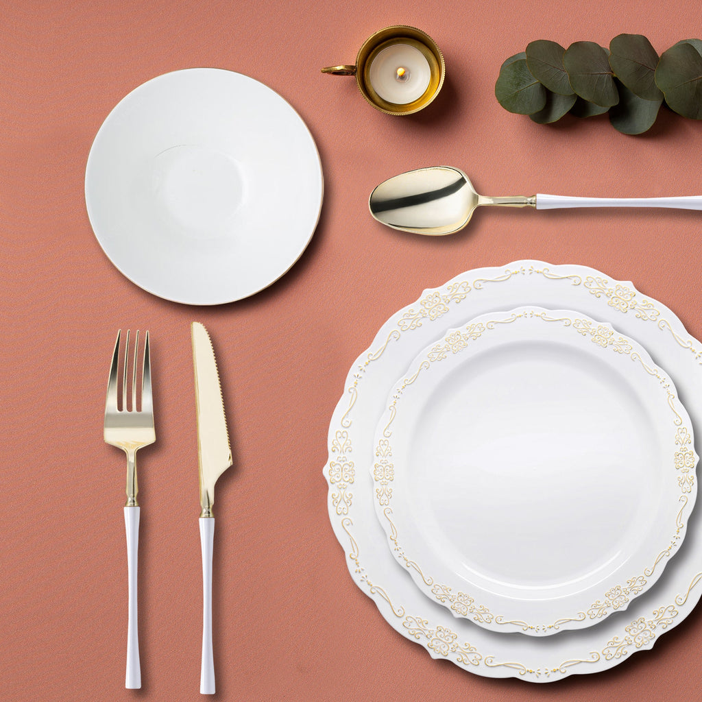 White with Gold Vintage Disposable Plastic Tableware Set