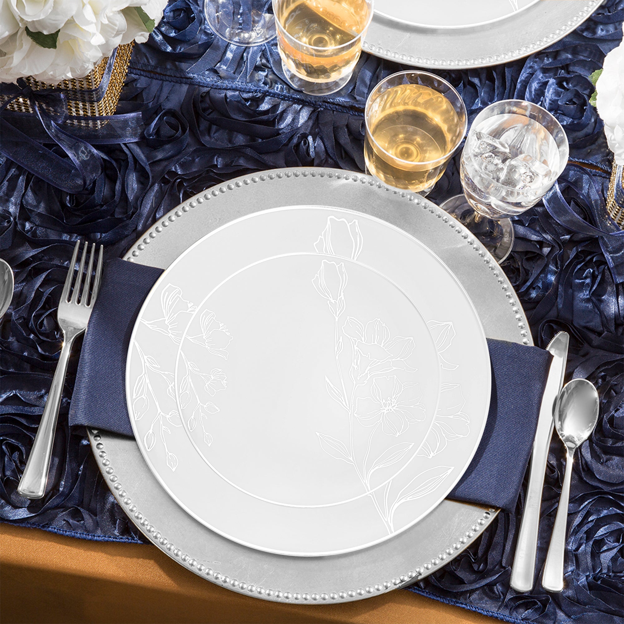 White with Silver Antique Floral Round Disposable Plastic Wedding Value Set