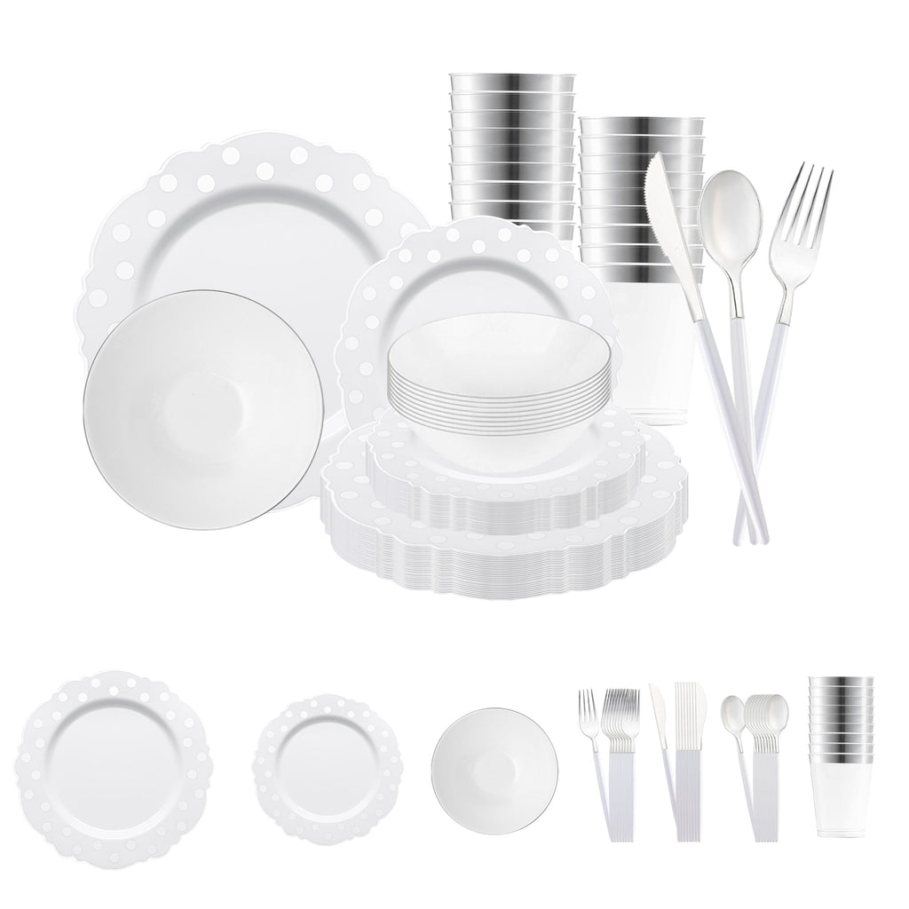 White with Silver Blossom Dots Disposable Plastic Tableware Set