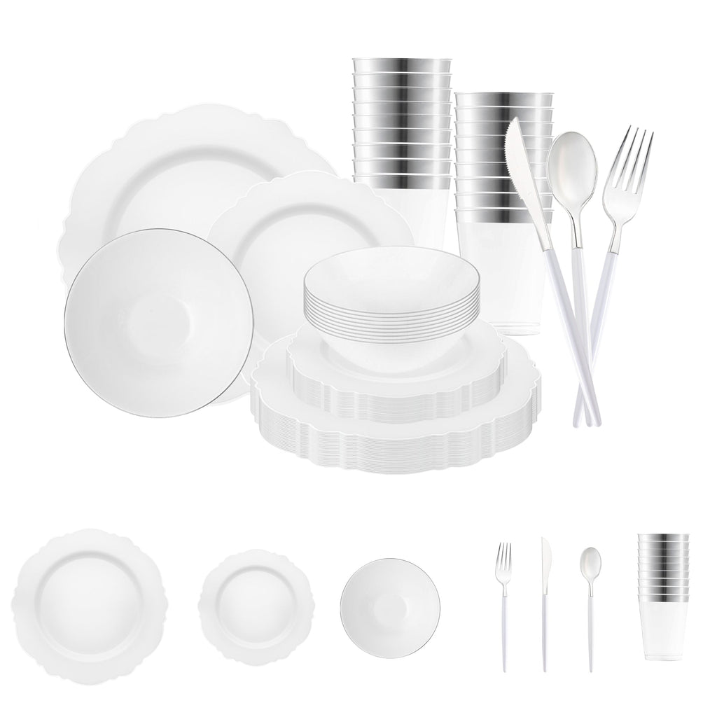 White with Silver Blossom Rim Disposable Plastic Tableware Set