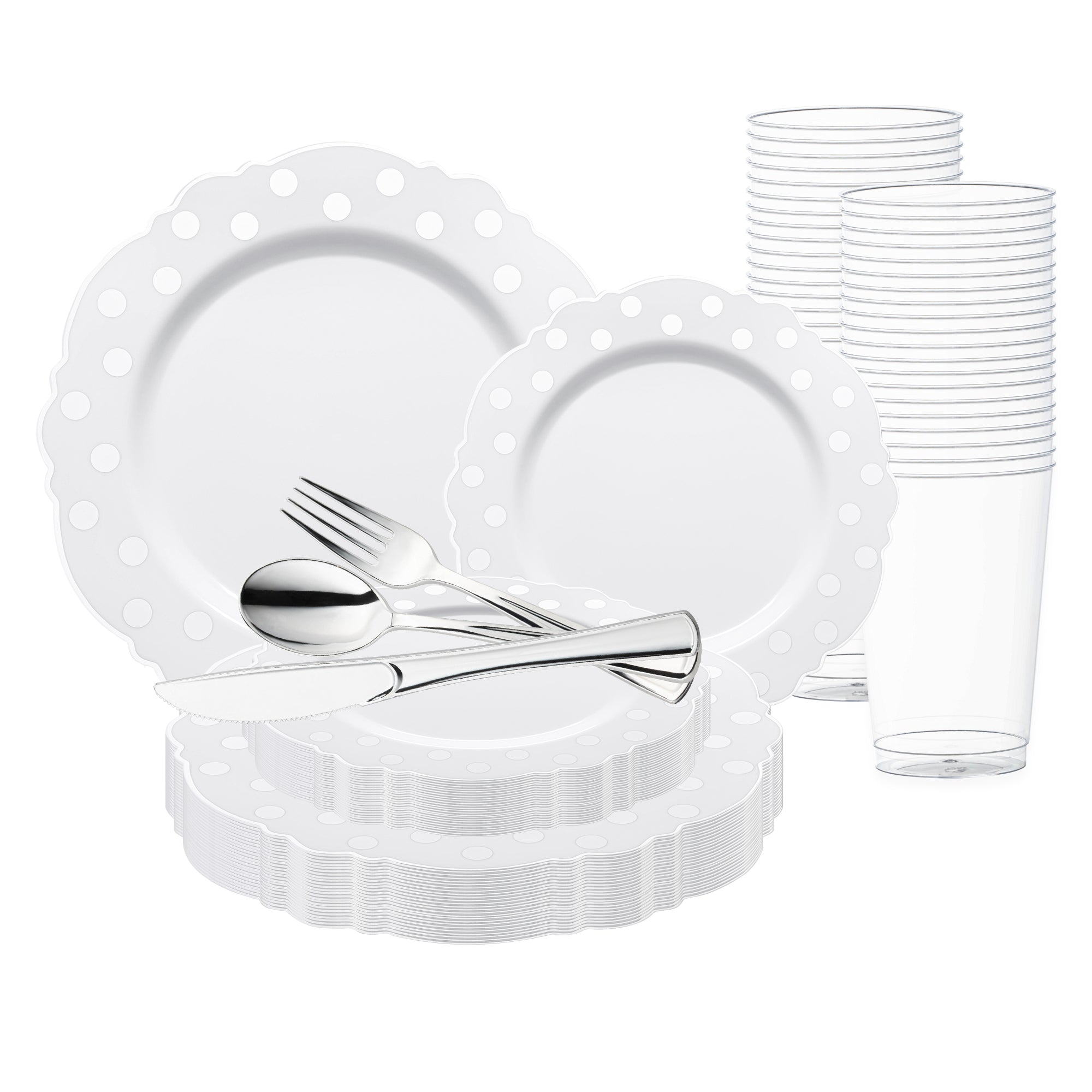 White with Silver Dots Round Blossom Disposable Plastic Wedding Value Set