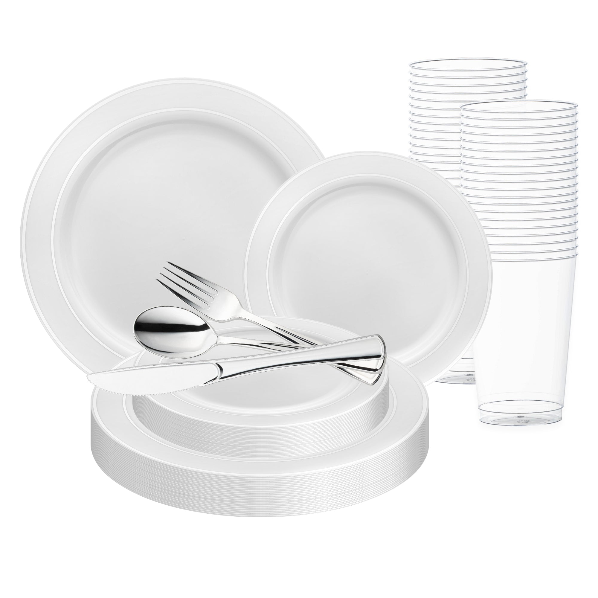 White with Silver Edge Rim Plastic Wedding Value Set