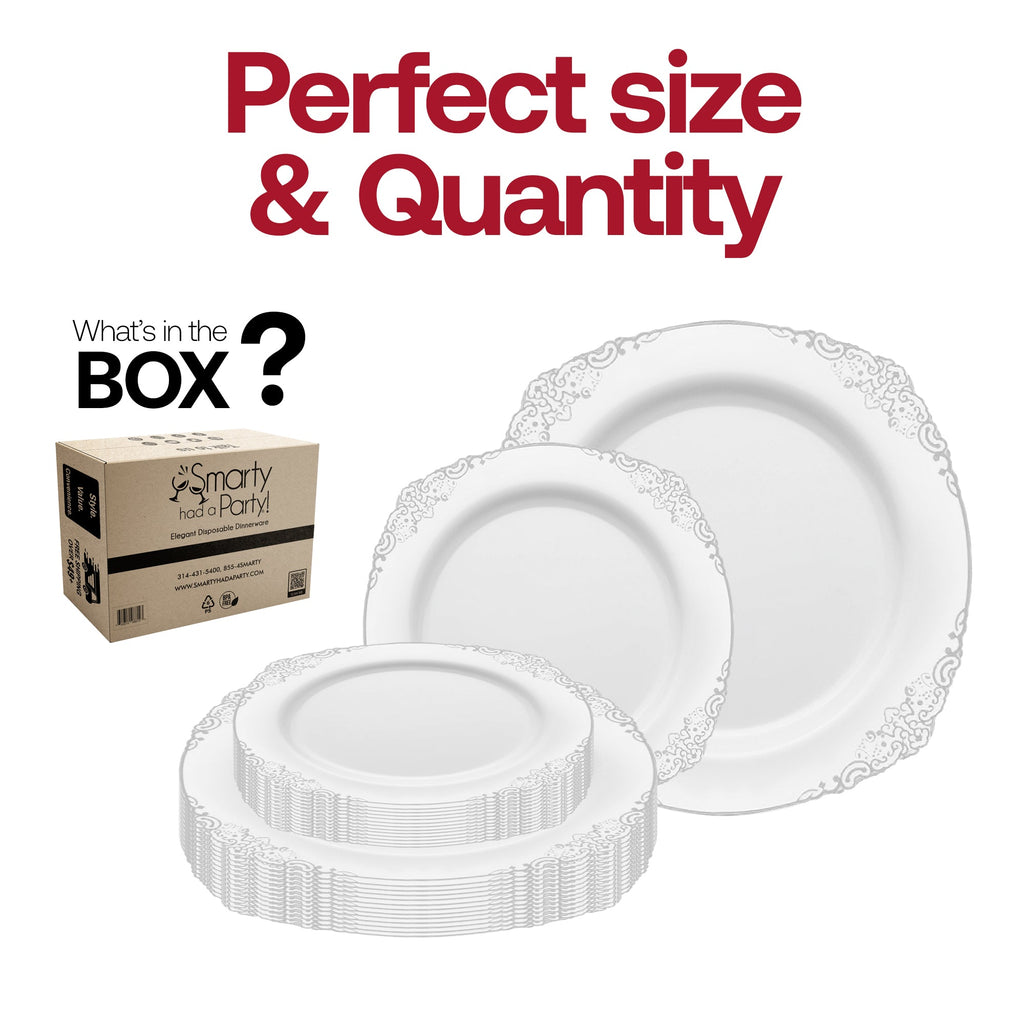 White with Silver Fancy Round Disposable Plastic Dinnerware Value Set