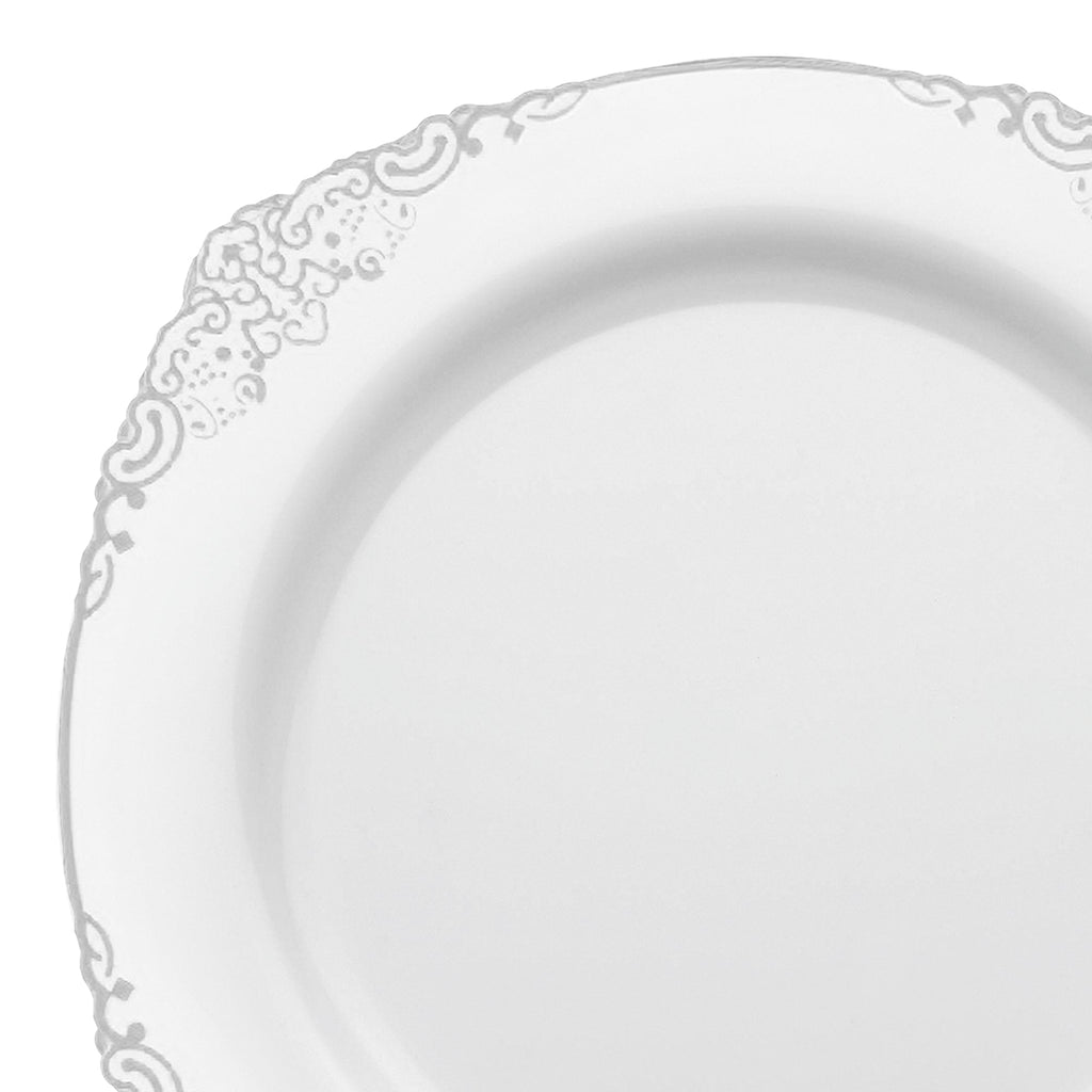 White with Silver Fancy Round Disposable Plastic Dinner Plates (10.25”)