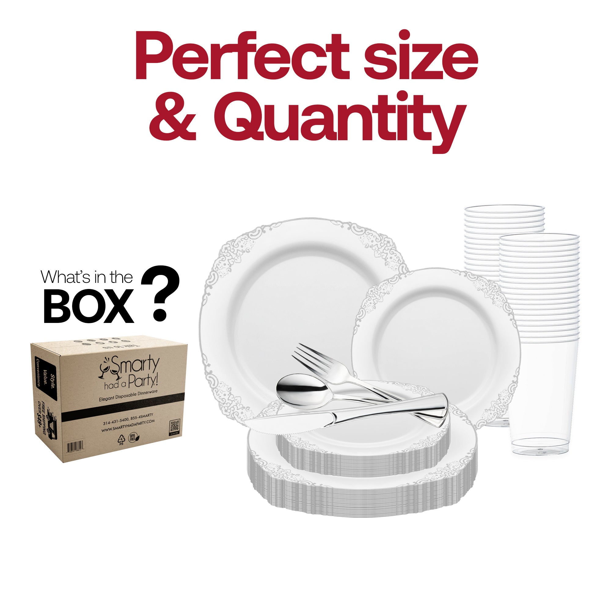 White with Silver Fancy Round Disposable Plastic Wedding Value Set