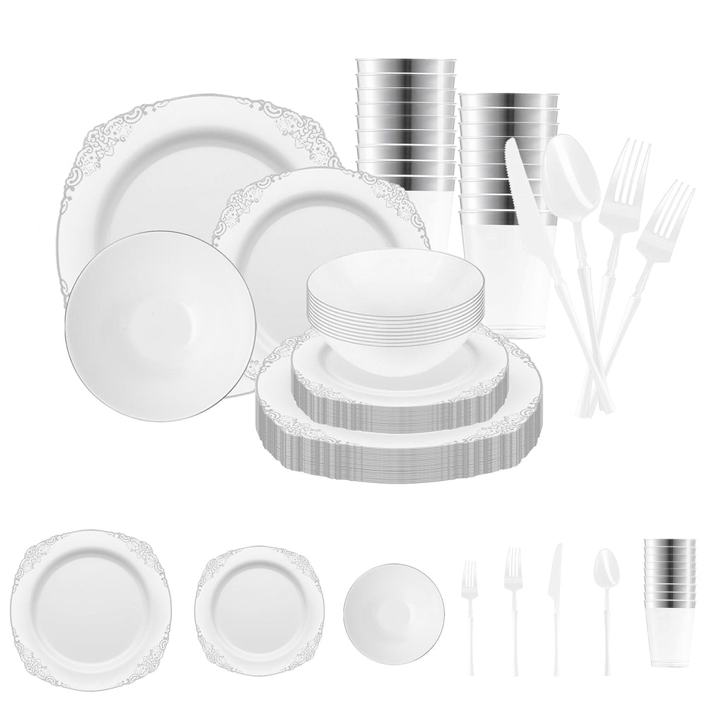 White with Silver Fancy Round Disposable Plastic Tableware Set