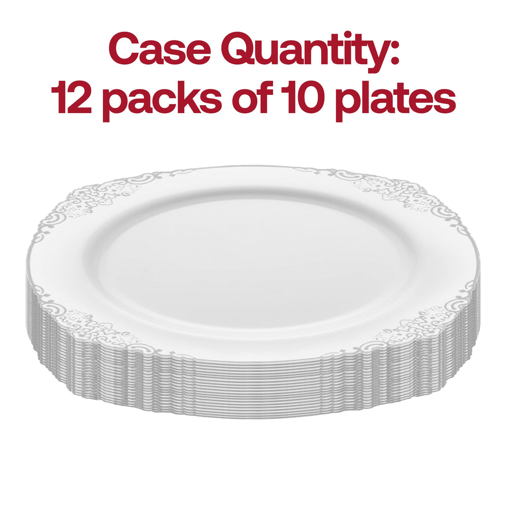White with Silver Fancy Round Disposable Plastic Salad Plates (7.5”)