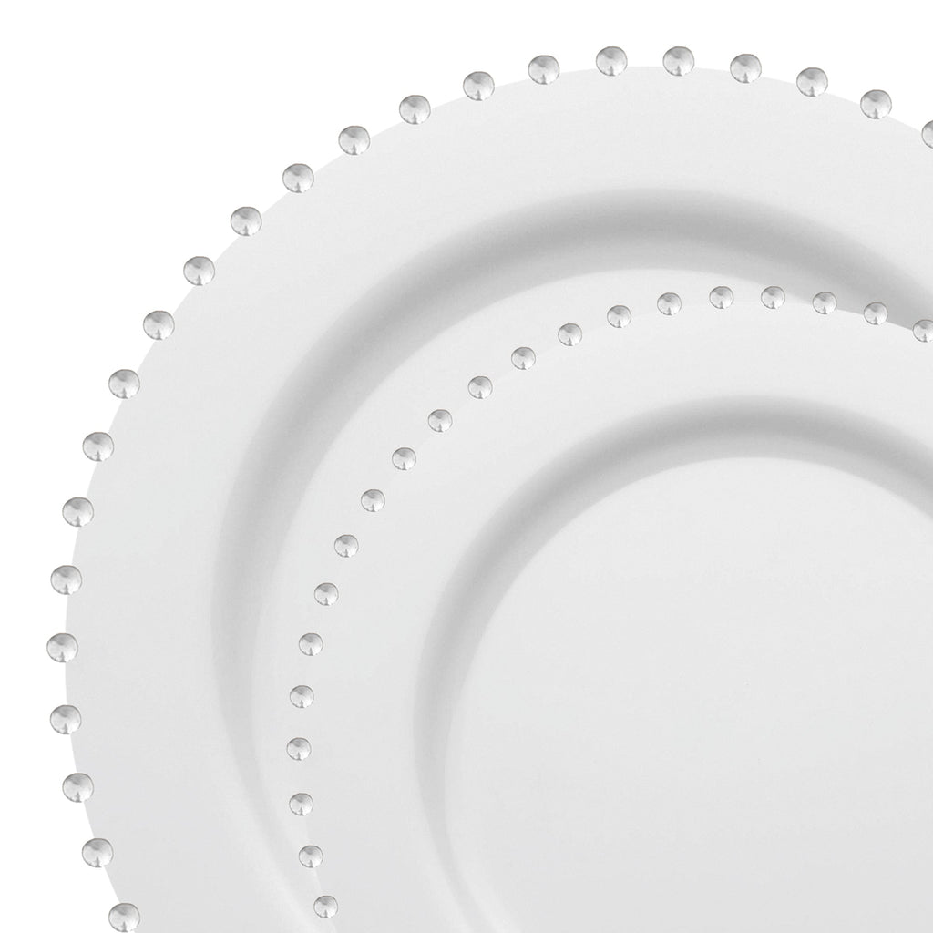White with Silver Pearl String Round Disposable Plastic Dinnerware Value Set