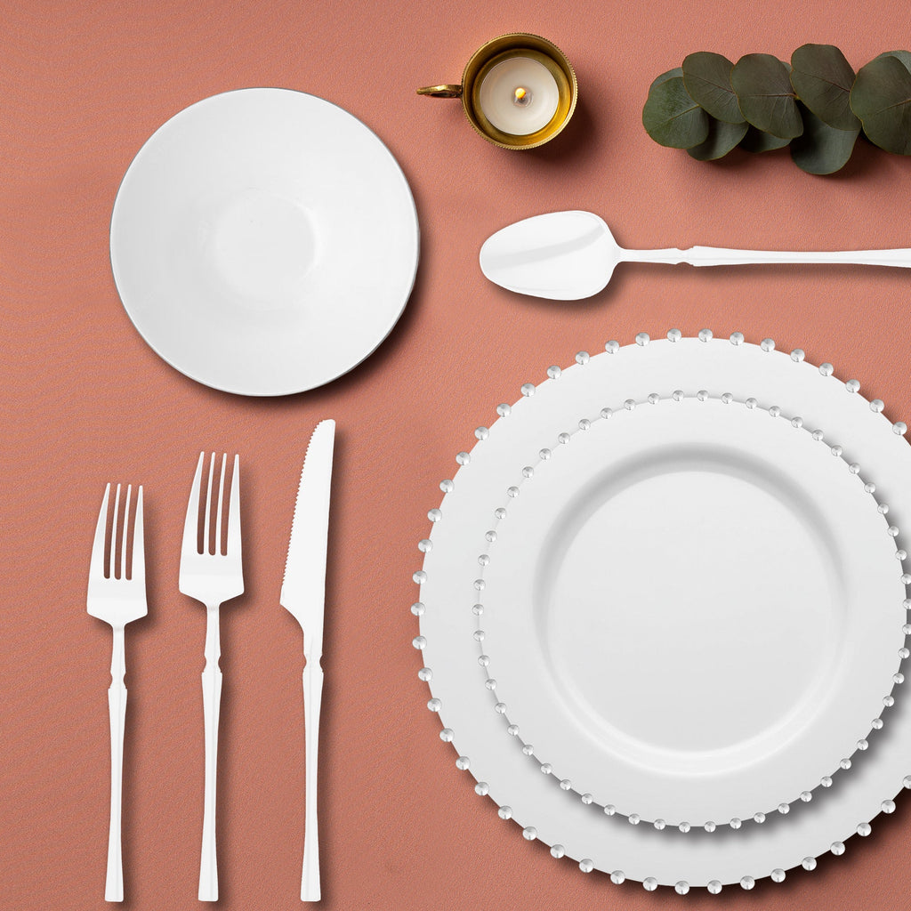 White with Silver Pearl String Round Disposable Plastic Tableware Set