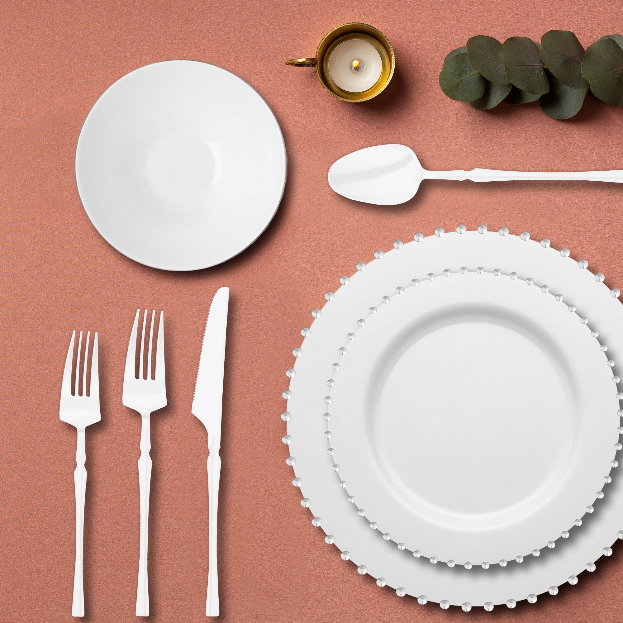 White with Silver Pearl String Round Disposable Plastic Tableware Set