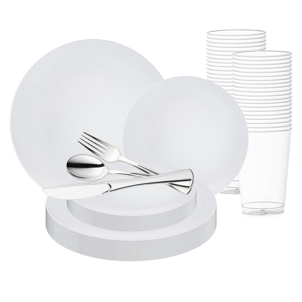 White with Silver Rim Organic Round Disposable Plastic Wedding Value Set
