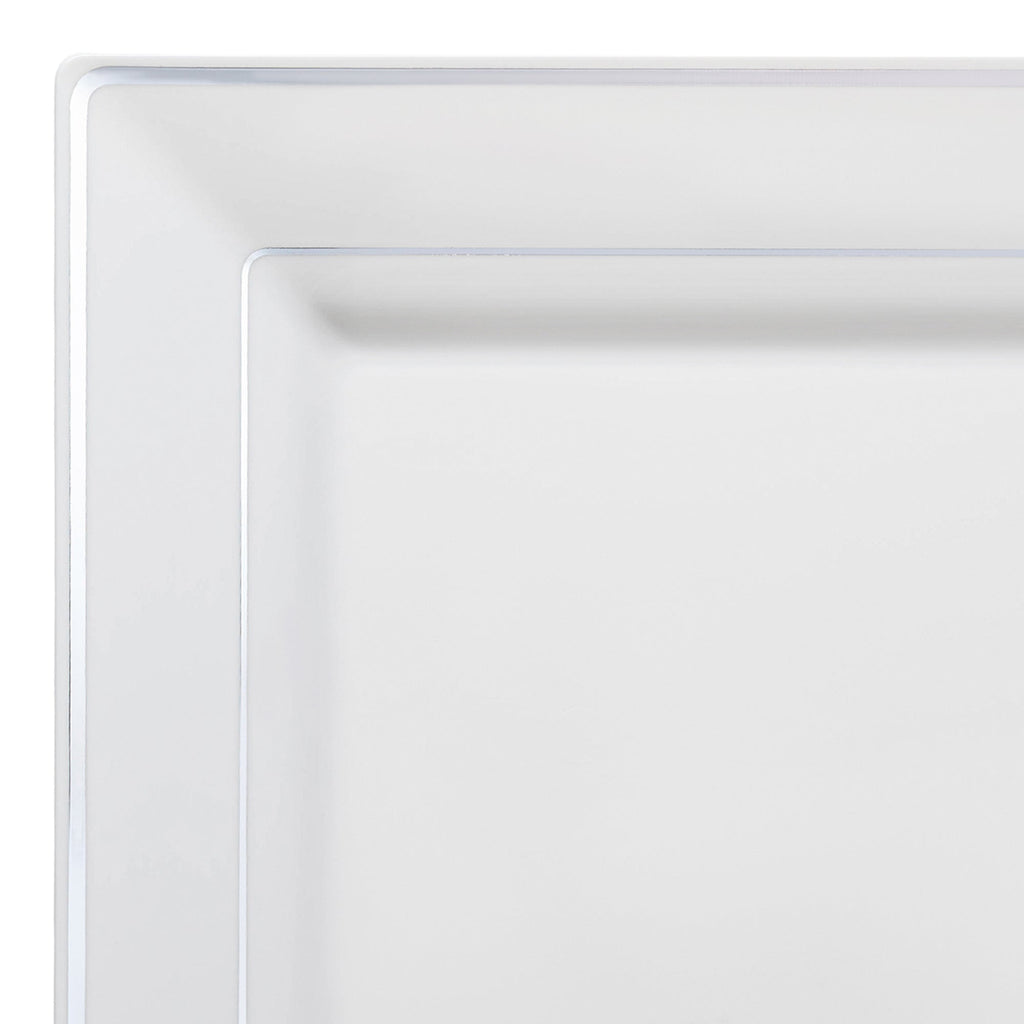 White with Silver Square Edge Rim Plastic Dinner Plates (9.5")