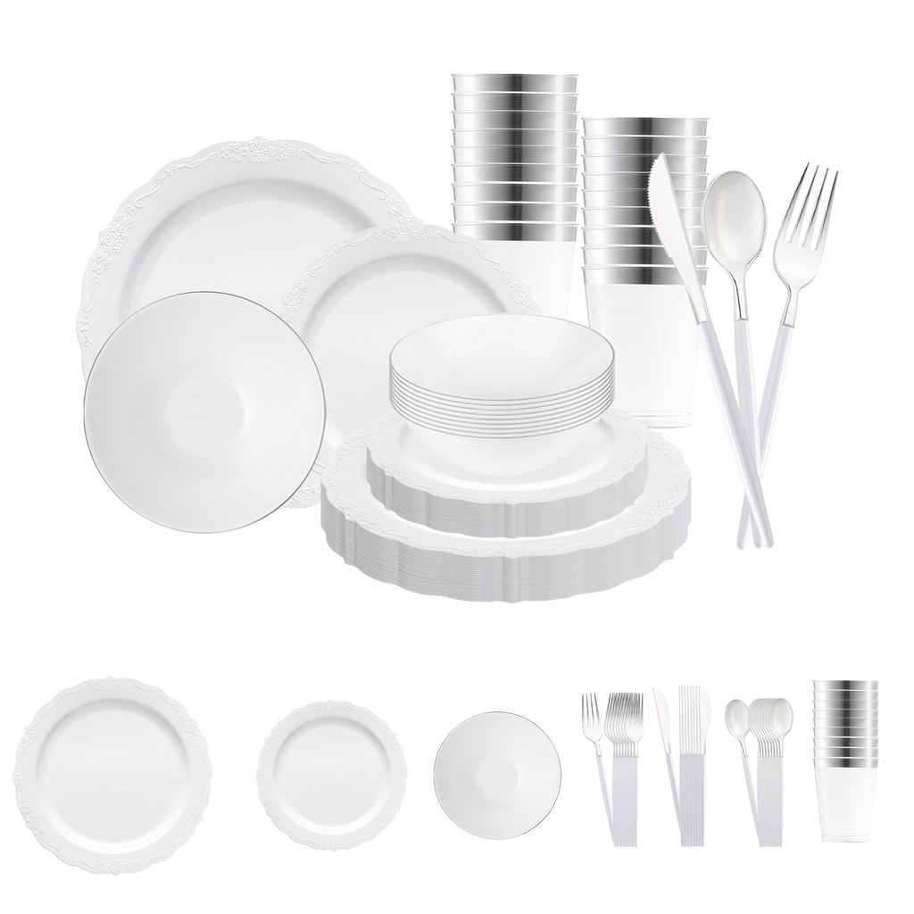 White with Silver Vintage Disposable Plastic Tableware Set