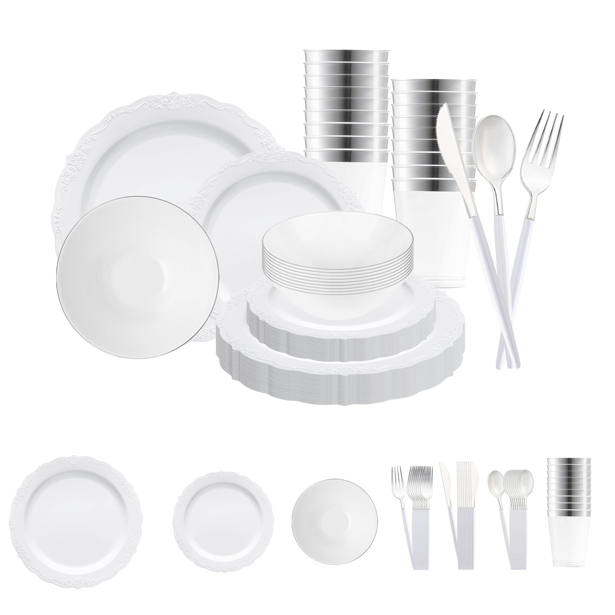 White with Silver Vintage Disposable Plastic Tableware Set