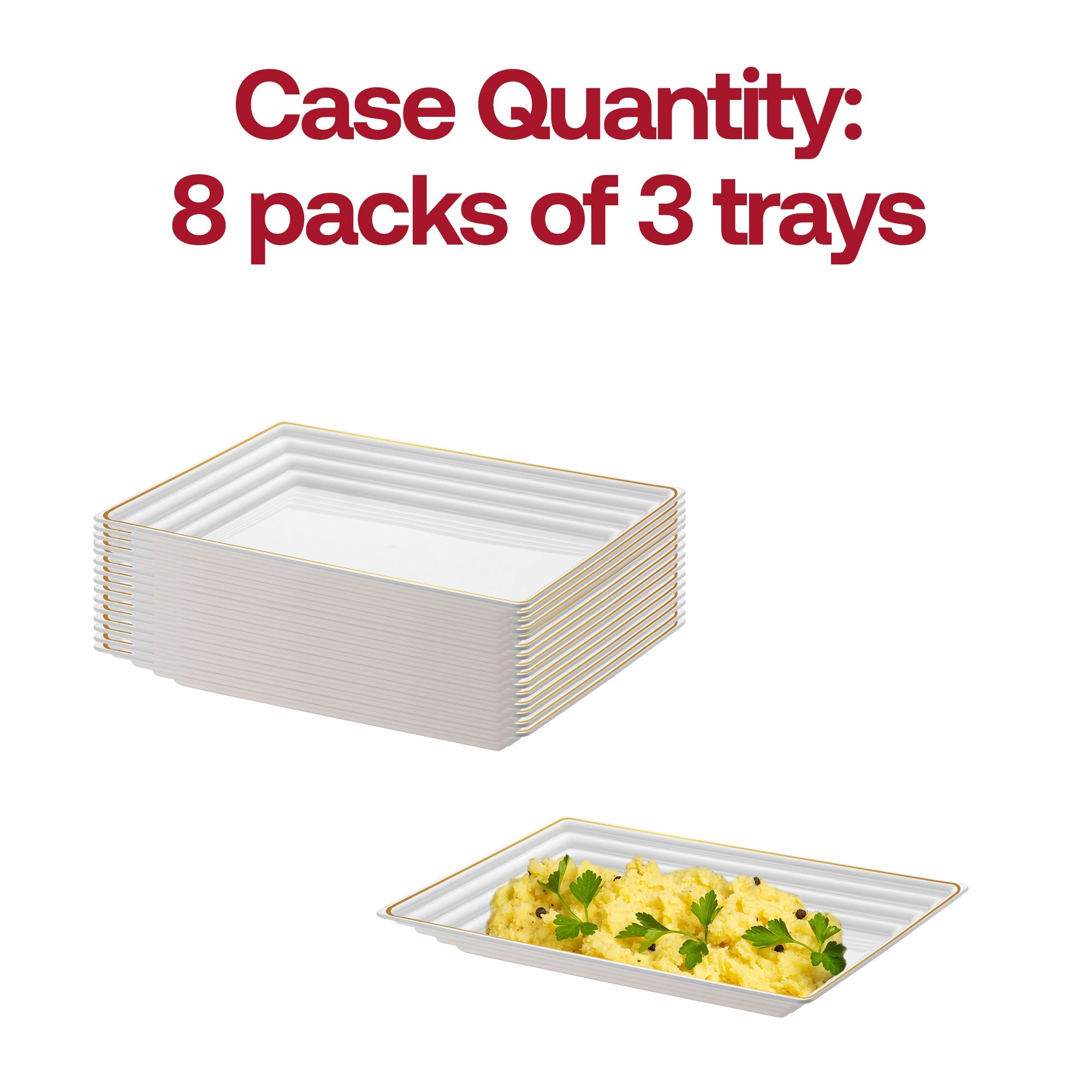 9" x 13" White with Gold Rim Rectangular Plastic Serving Trays