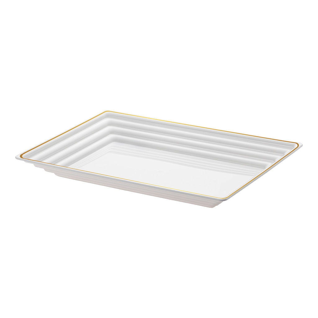 9" x 13" White with Gold Rim Rectangular Plastic Serving Trays