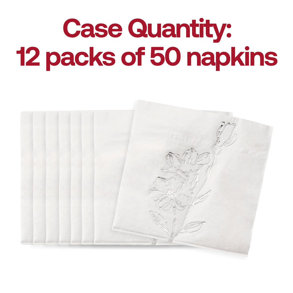 White with Silver Antique Floral Paper Beverage/Cocktail Napkins