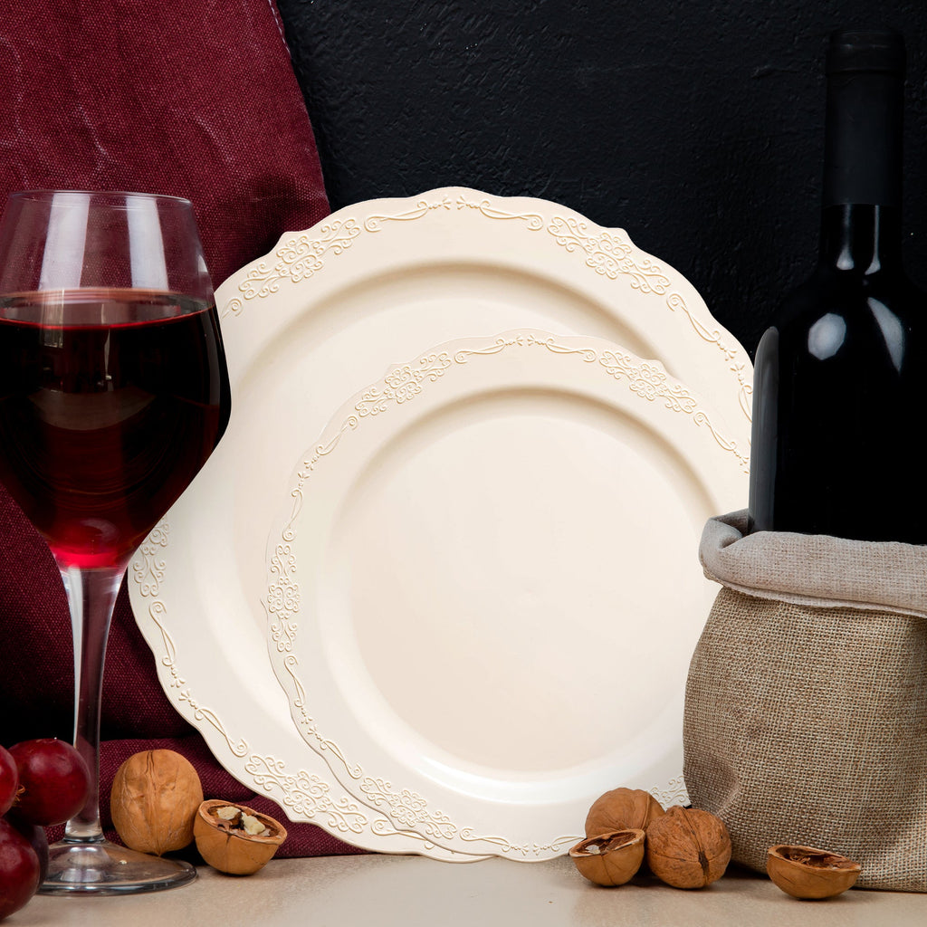 Ivory Vintage Round Disposable Plastic Dinnerware Value Set