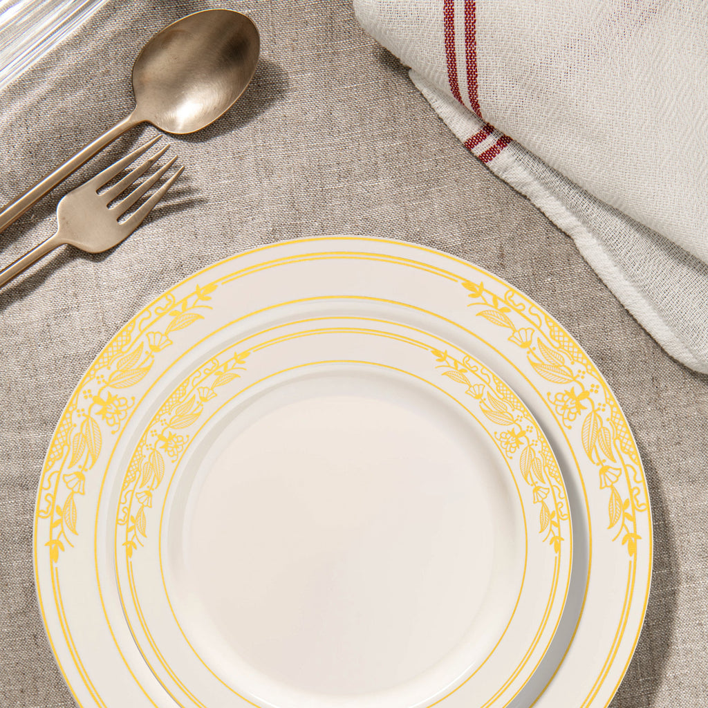 Ivory with Gold Harmony Rim Plastic Dinnerware Value Set