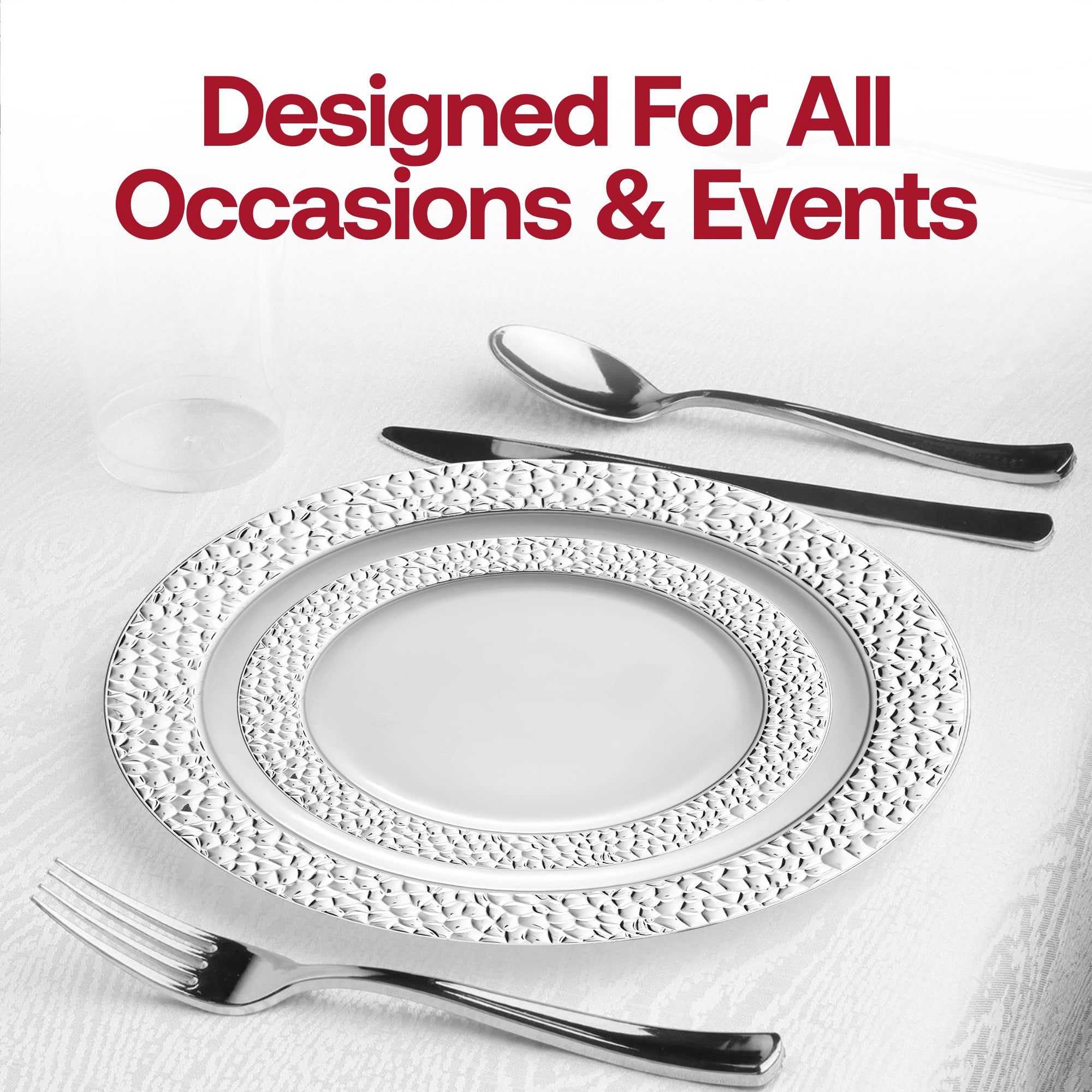 White with Silver Hammered Rim Plastic Dinnerware Value Set