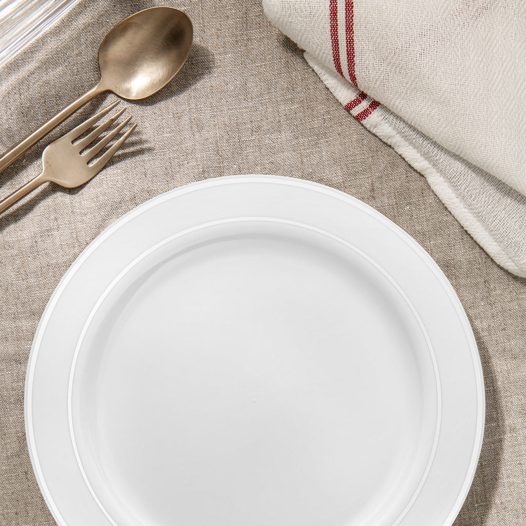 White with Silver Edge Rim Plastic Pastry Plates (6")