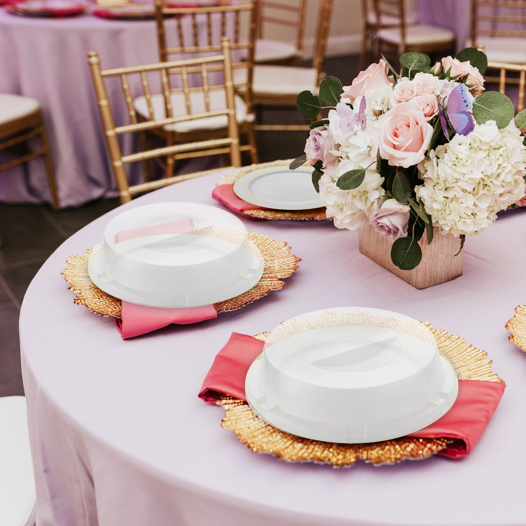 9" Solid White Disposable Plastic Buffet Plates with Clear Dome Lids