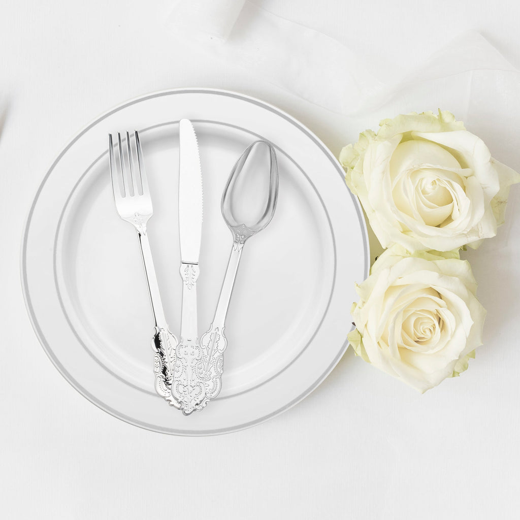 Shiny Metallic Silver Baroque Plastic Cutlery Set