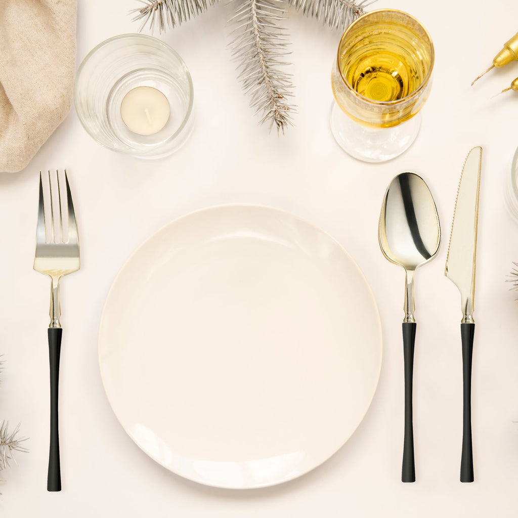 Gold with Black Handle Moderno Disposable Plastic Cutlery Set - 20 Spoons, 20 Forks and 20 Knives