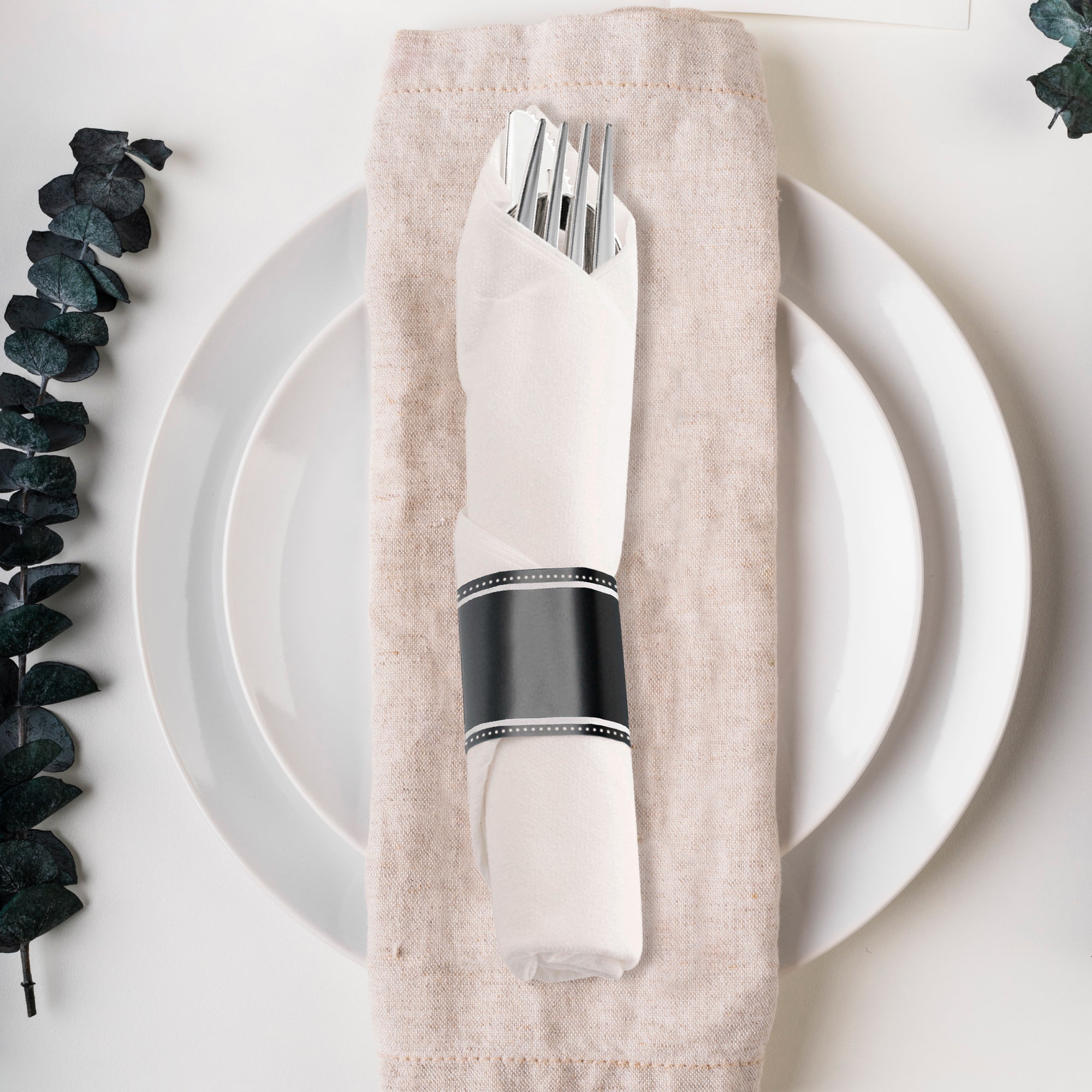 Silver Plastic Cutlery in White Napkin Rolls Set