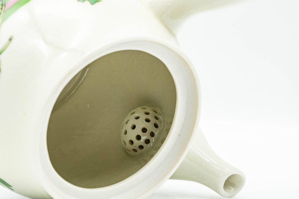 Japanese Kyusu - Beige Green Striped Snow Peas Kutani-yaki Debeso Teapot - 400ml
