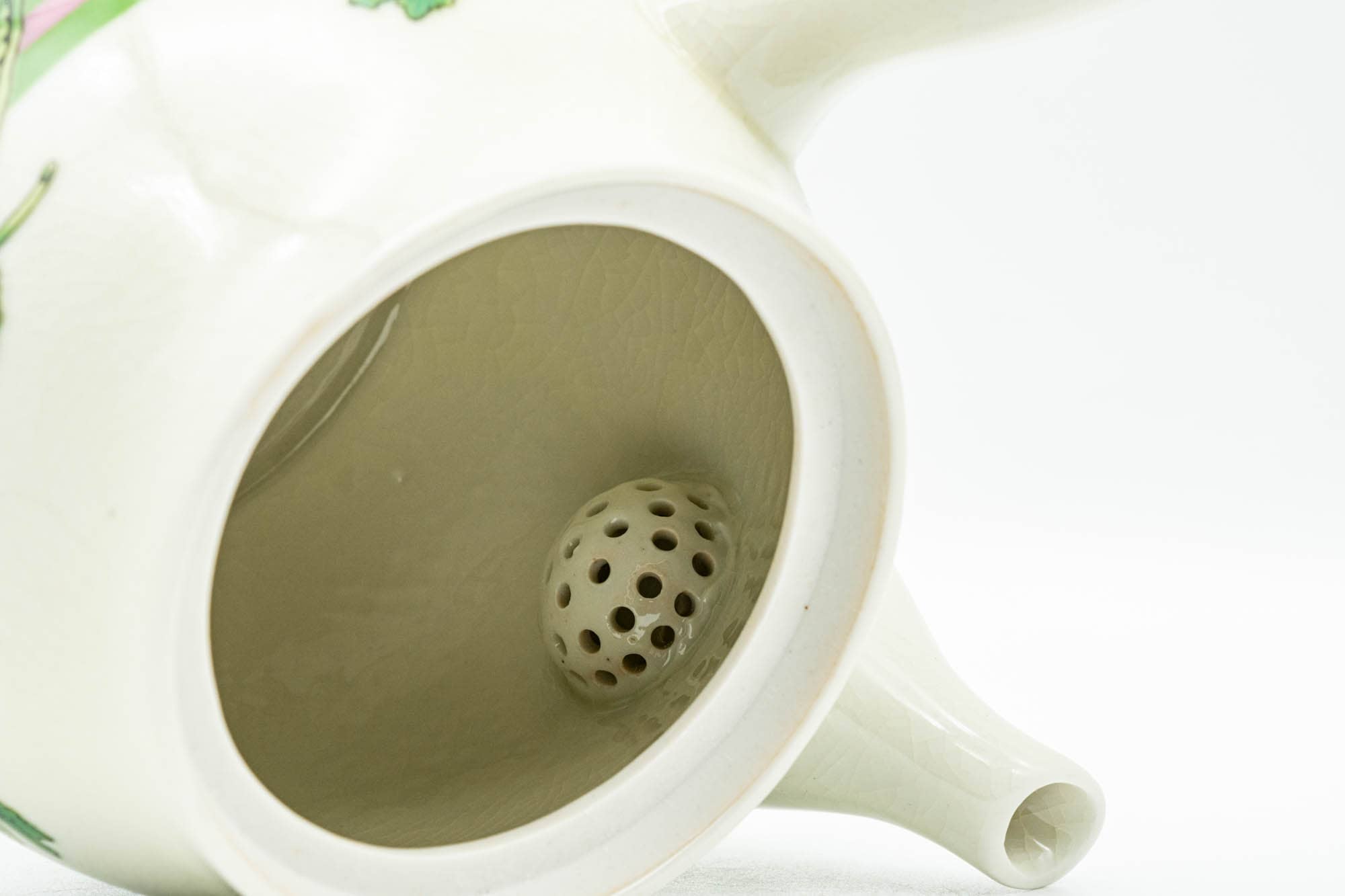 Japanese Kyusu - Beige Green Striped Snow Peas Kutani-yaki Debeso Teapot - 400ml