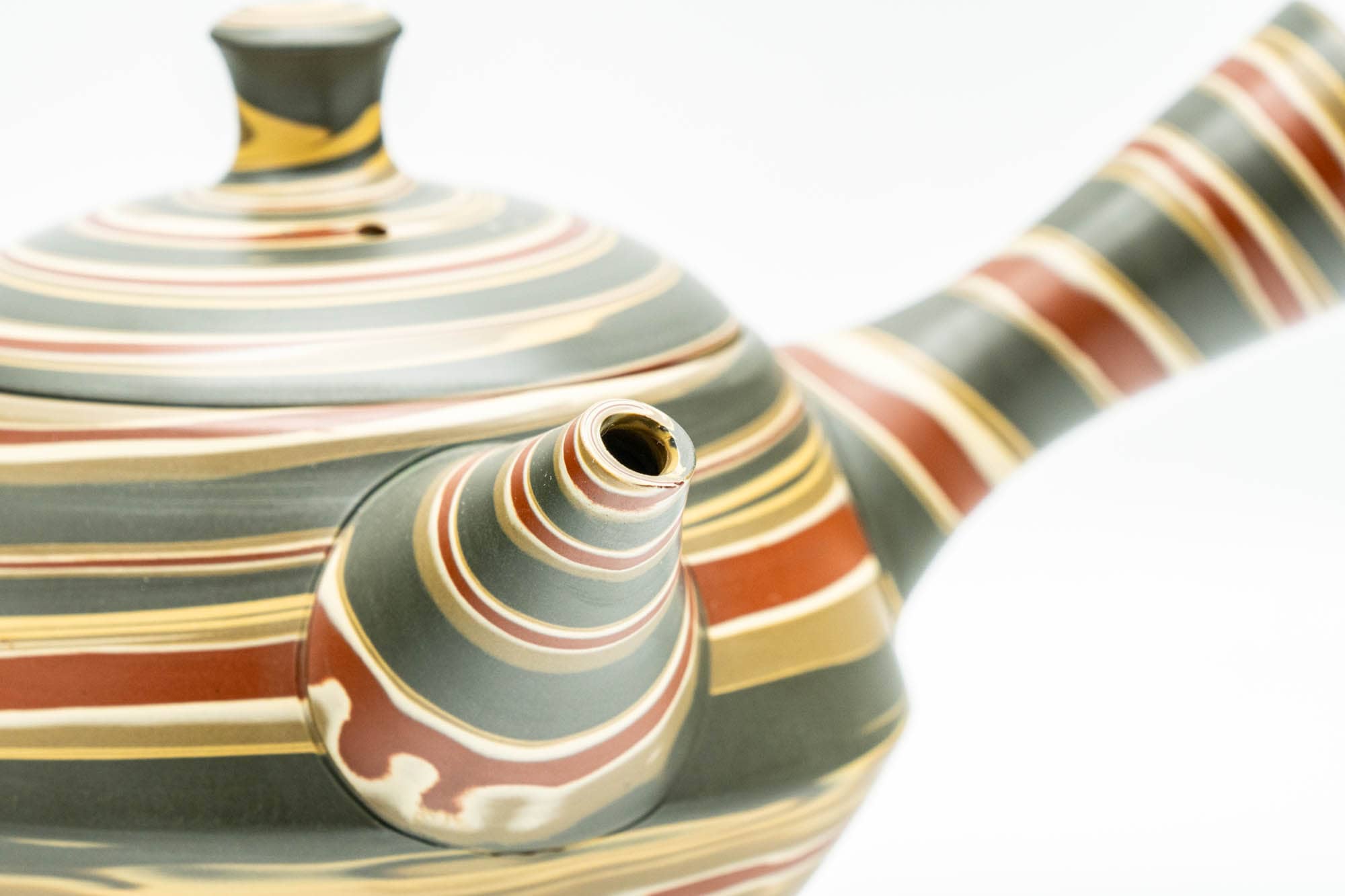 Japanese Kyusu - Green, Red, and Yellow Swirling Nerikomi Tokoname-yaki Do-ake Teapot - 240ml