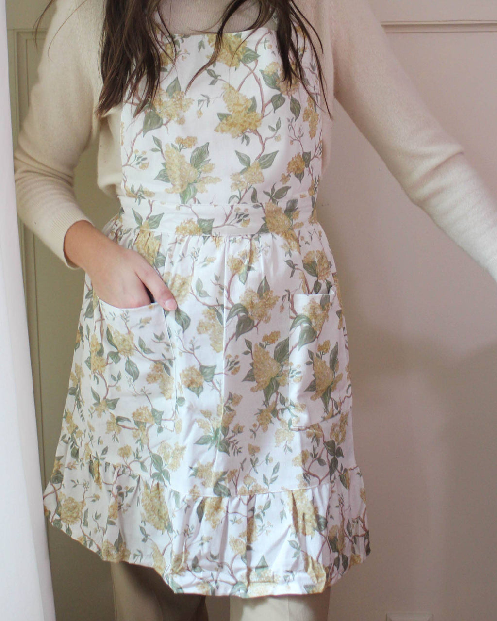 Hyacinth Linen Floral Apron Dress: Marigold