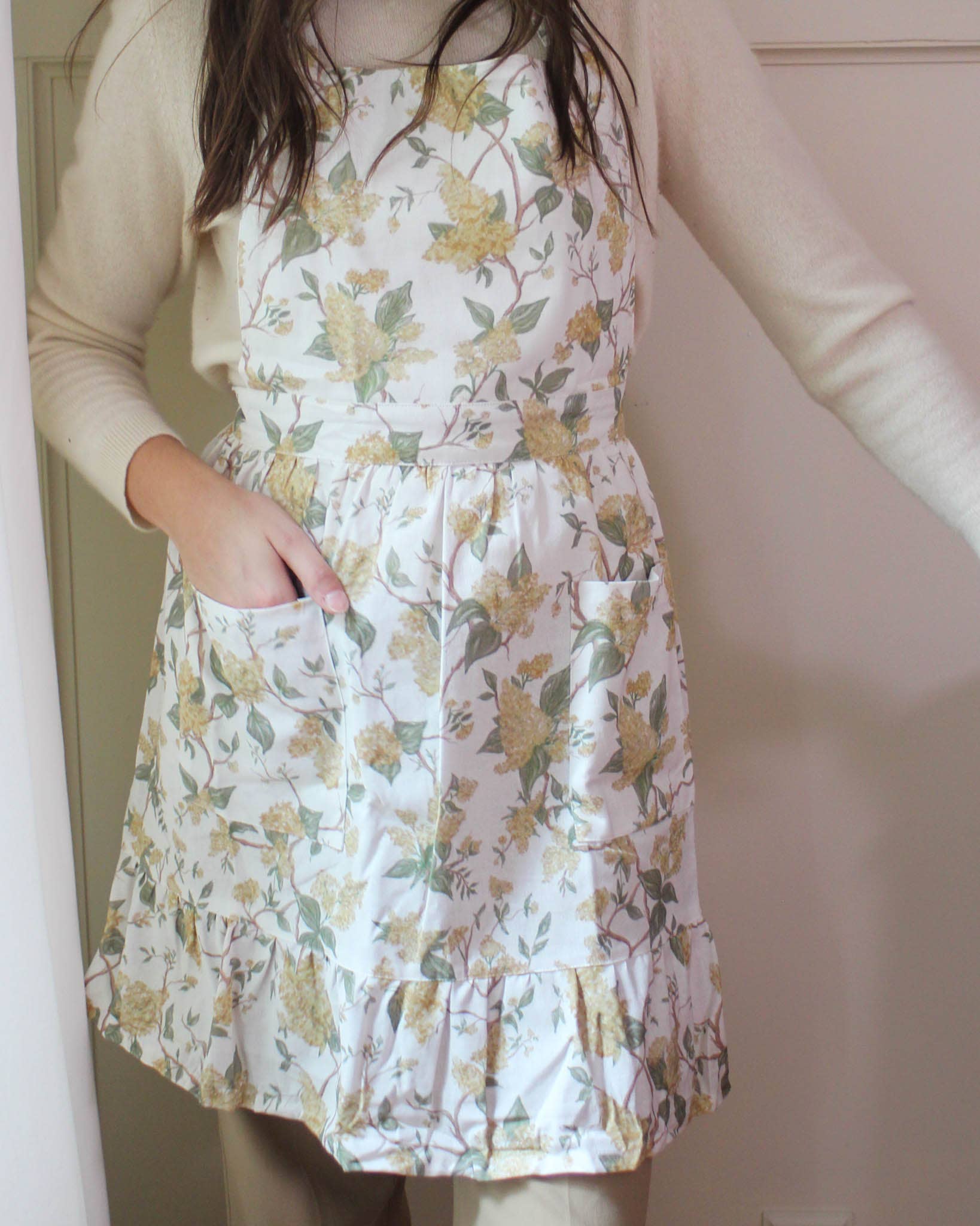 Hyacinth Linen Floral Apron Dress: Marigold