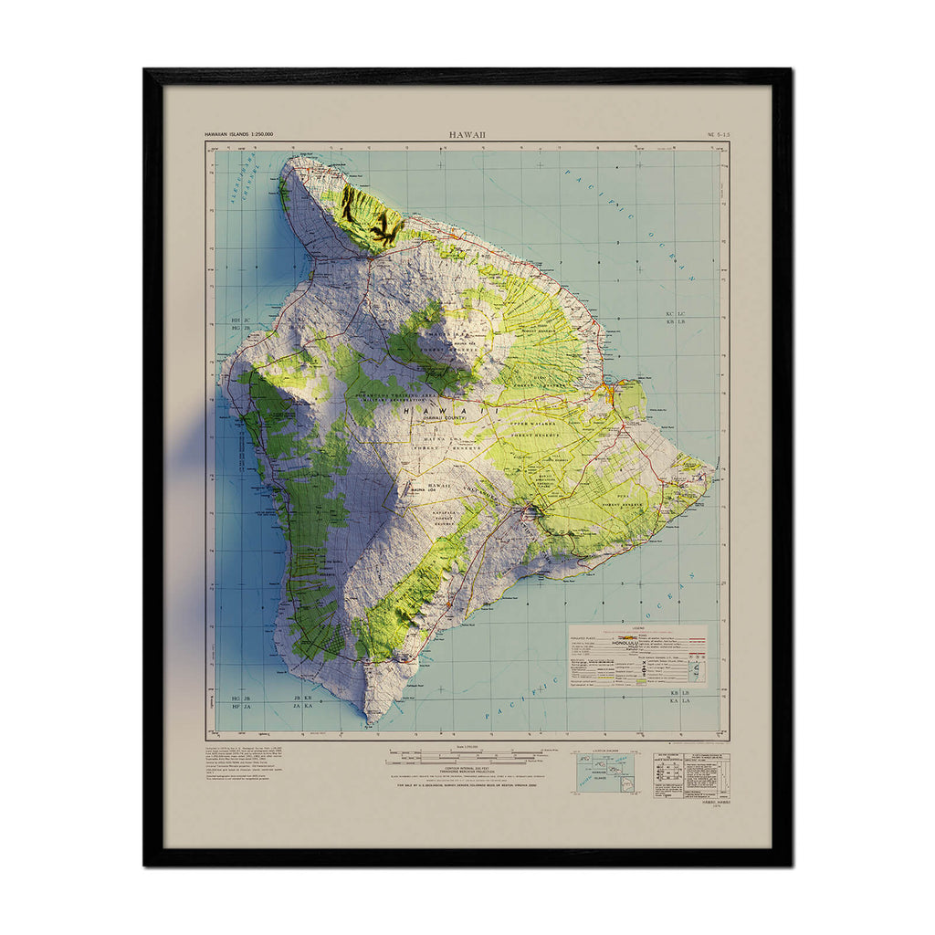 Big Island, Hawaii 1975 Shaded Relief Map - No Frame