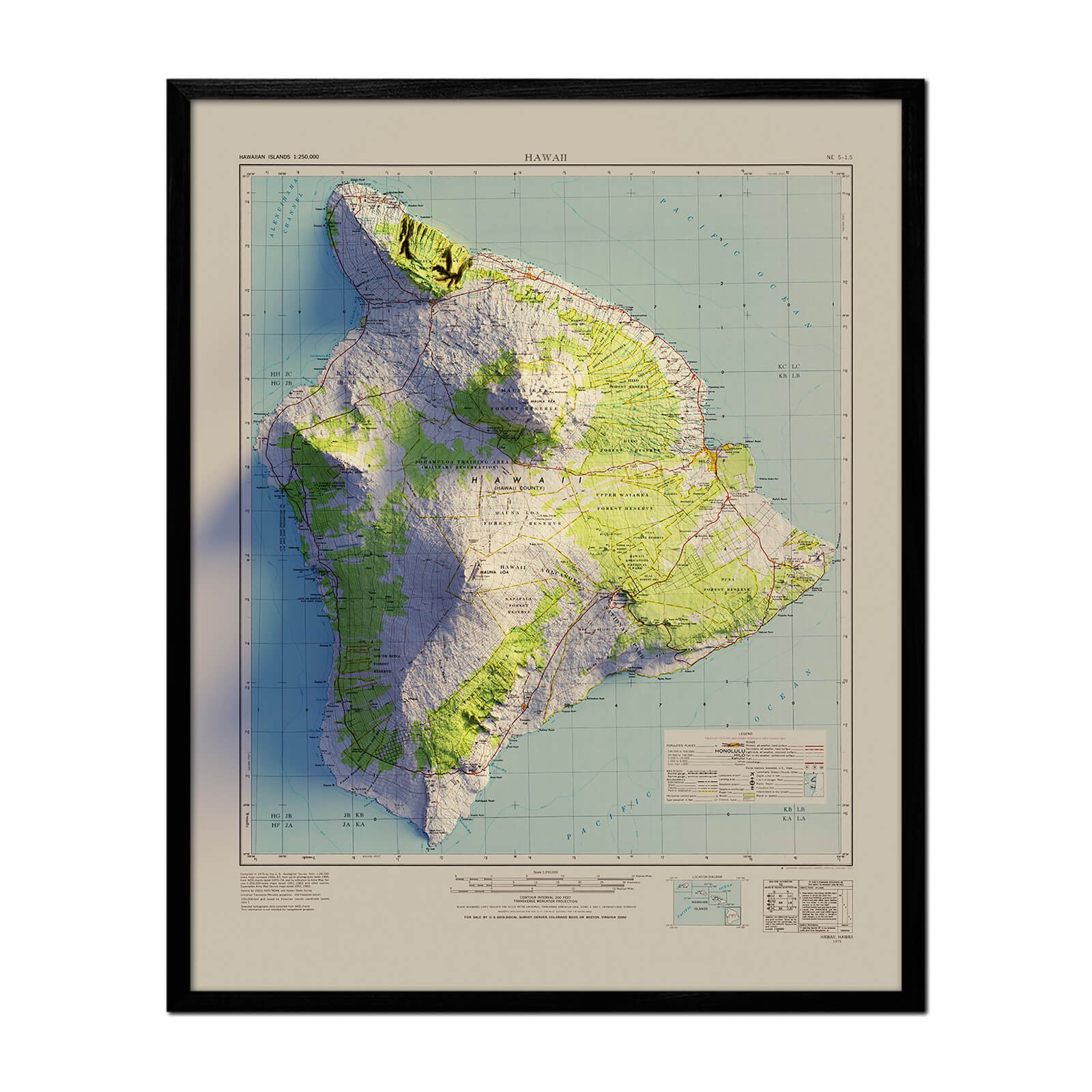 Big Island, Hawaii 1975 Shaded Relief Map - No Frame