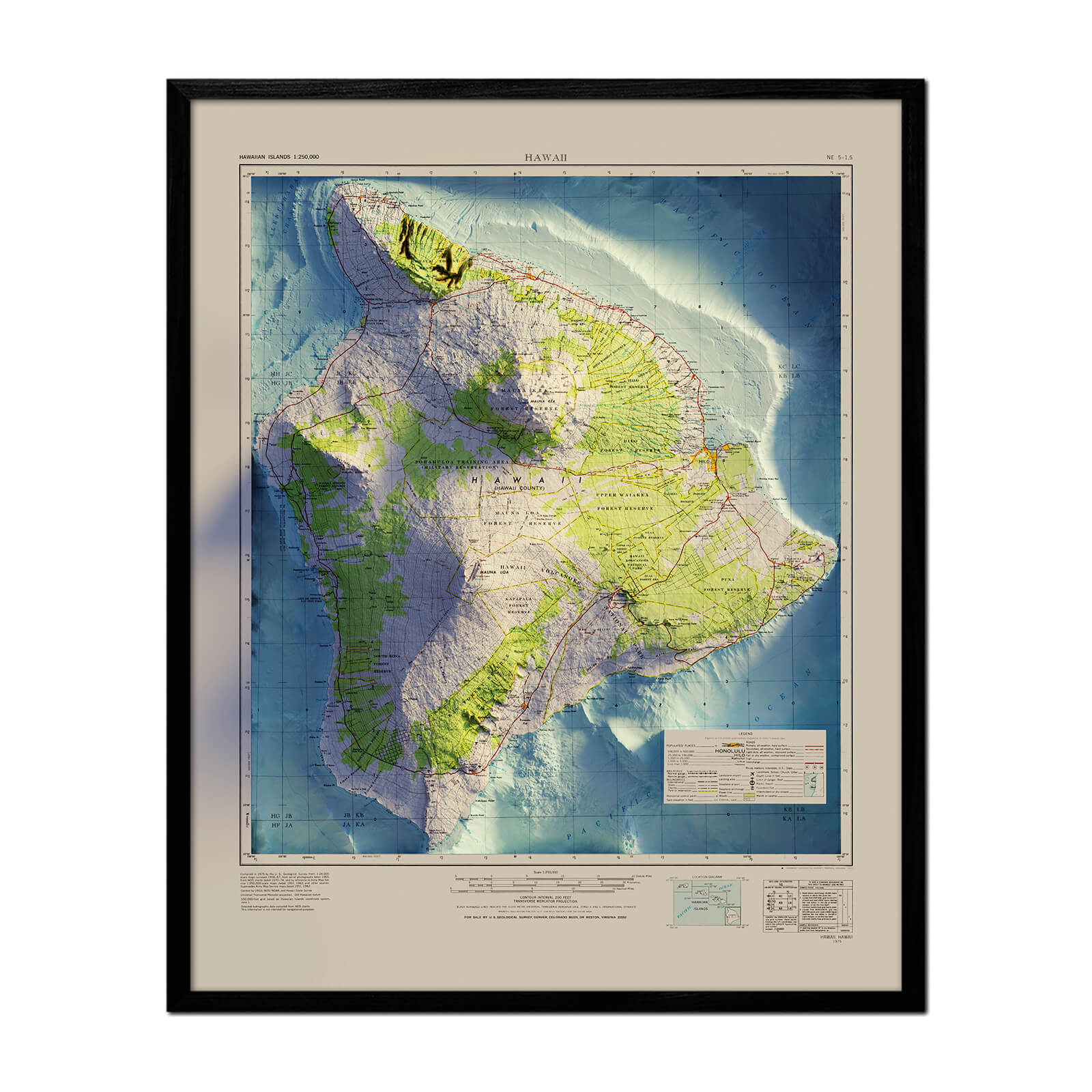 Big Island, Hawaii 1975 Shaded Relief Map - No Frame