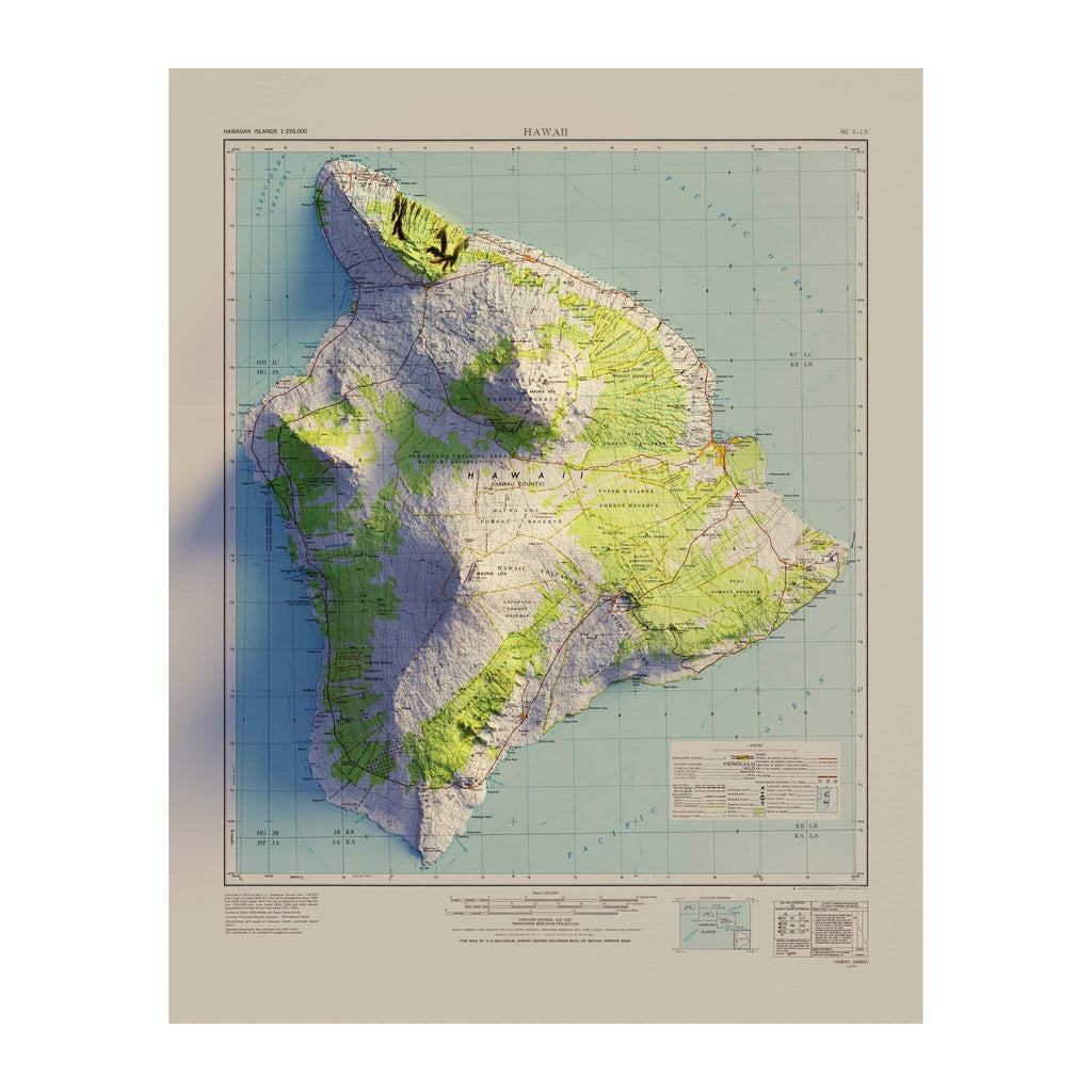 Big Island, Hawaii 1975 Shaded Relief Map - No Frame