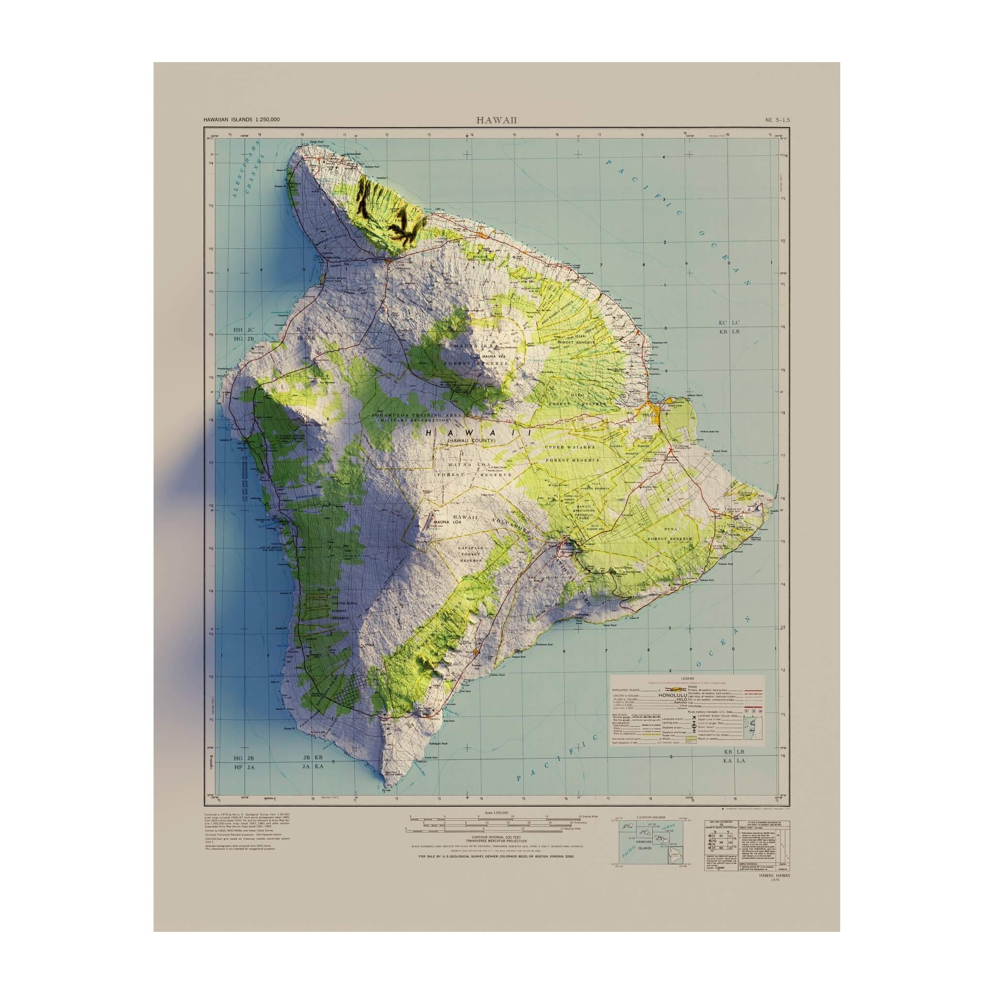 Big Island, Hawaii 1975 Shaded Relief Map - No Frame