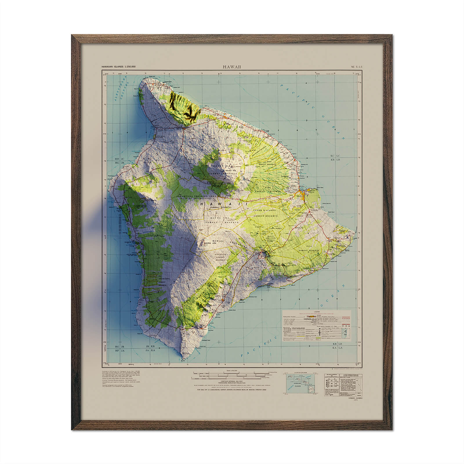Big Island, Hawaii 1975 Shaded Relief Map - No Frame