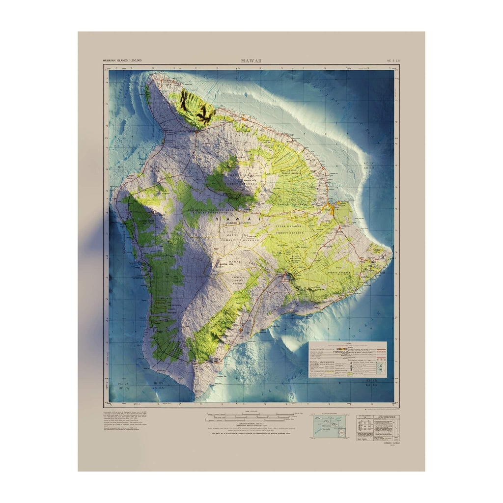 Big Island, Hawaii 1975 Shaded Relief Map - No Frame