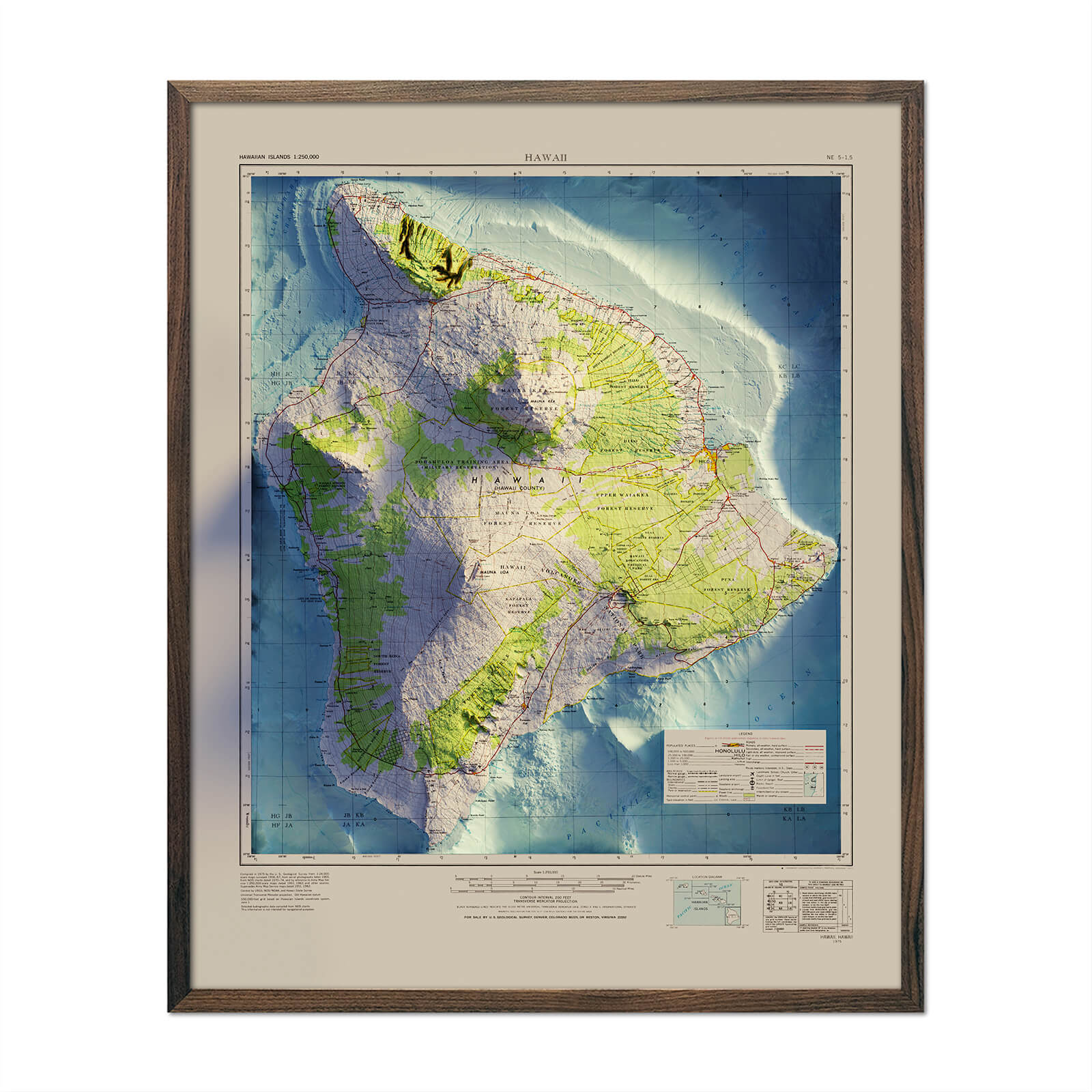 Big Island, Hawaii 1975 Shaded Relief Map - No Frame