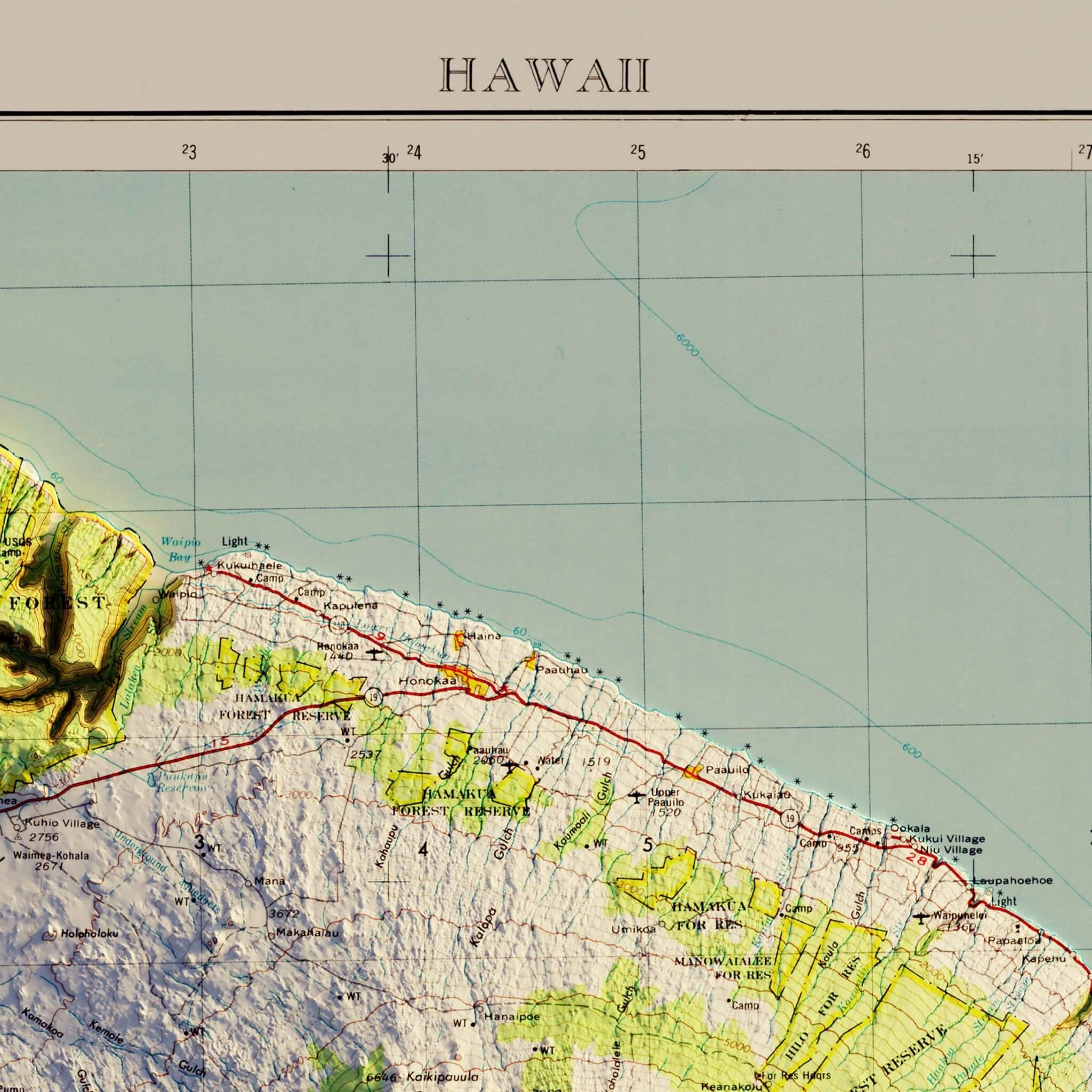 Big Island, Hawaii 1975 Shaded Relief Map - No Frame