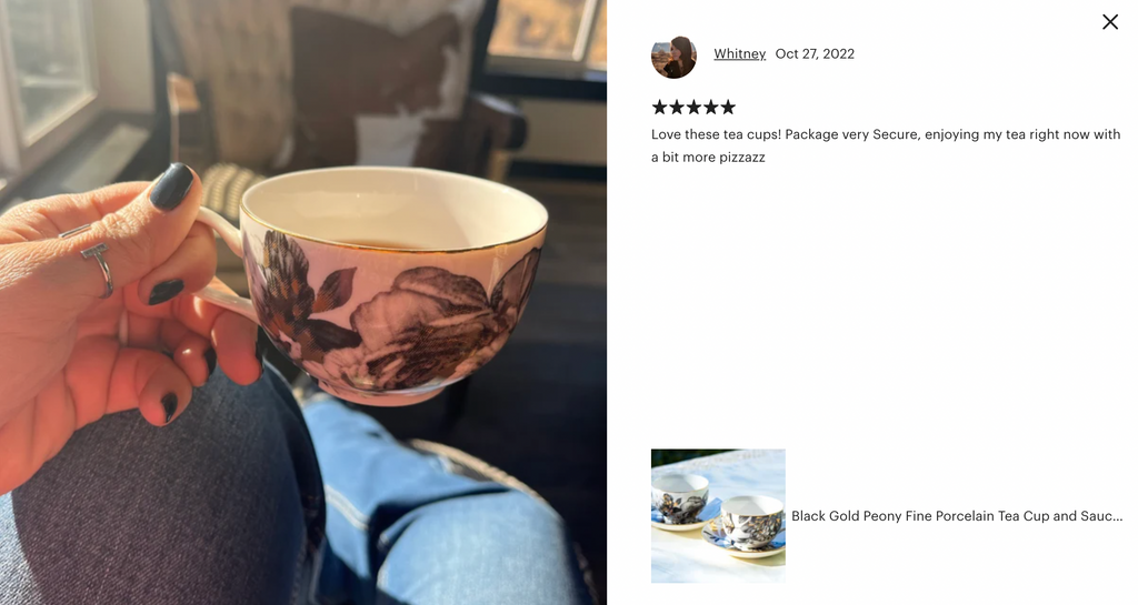 Black Gold Peony Fine Porcelain Tea Cup and Saucer