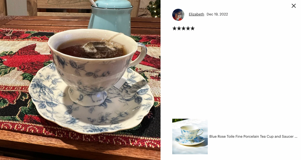 Blue Rose Toile Fine Porcelain Tea Cup and Saucer