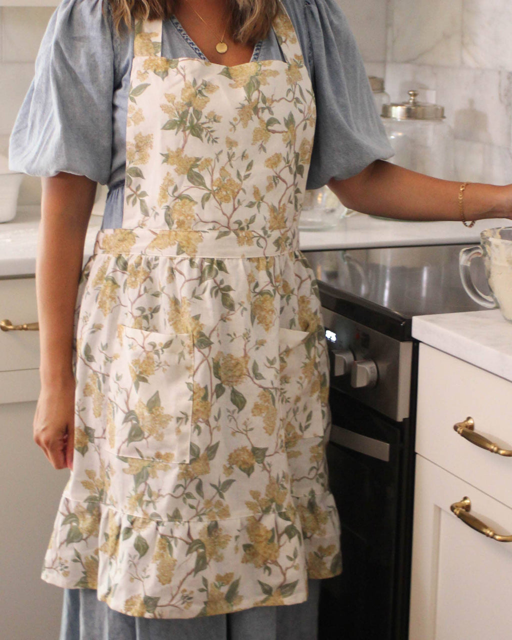 Hyacinth Linen Floral Apron Dress: Marigold