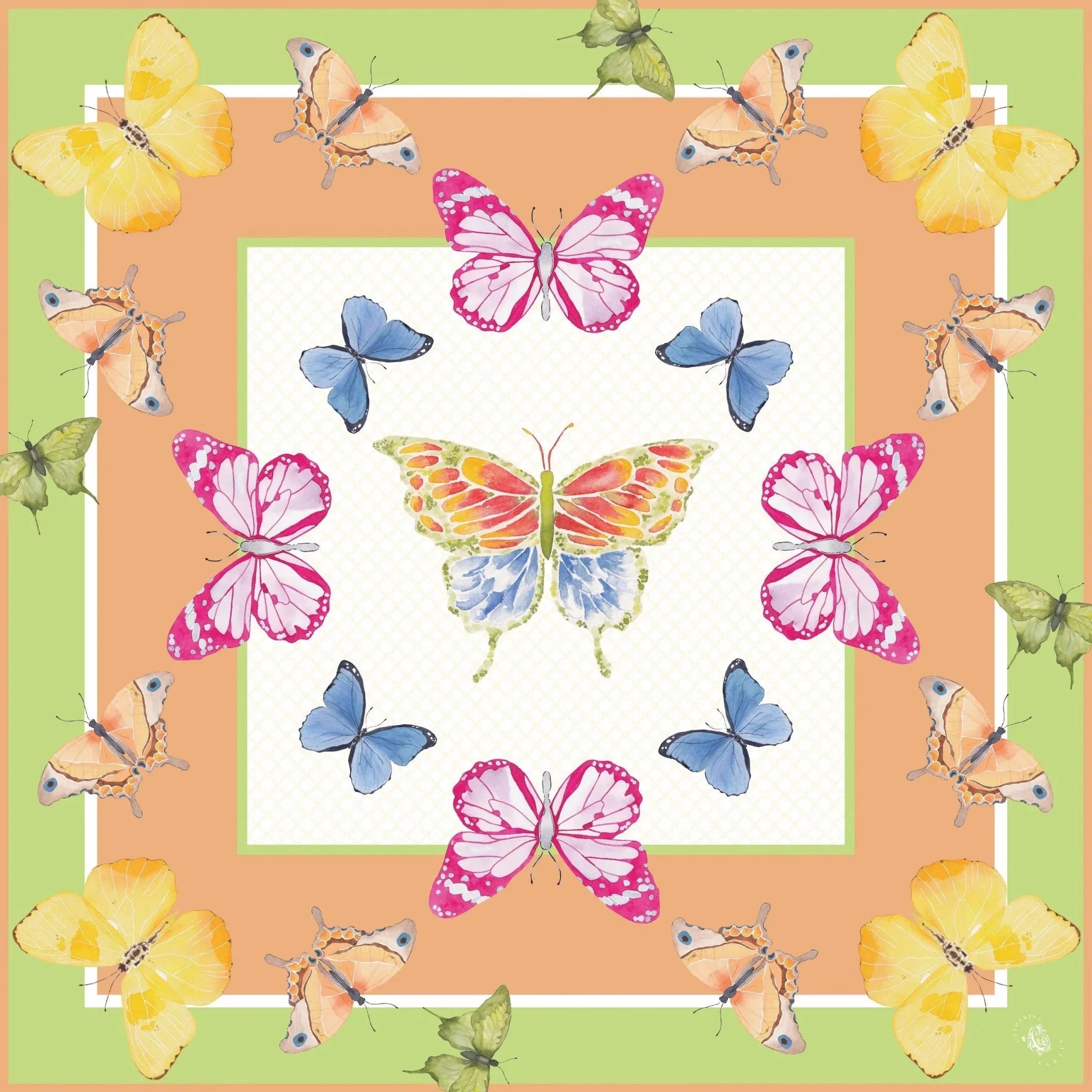 Catherine Cartie Bright Butterfly Silk Scarf – 36” Luxury Hand-Painted Silk Scarf