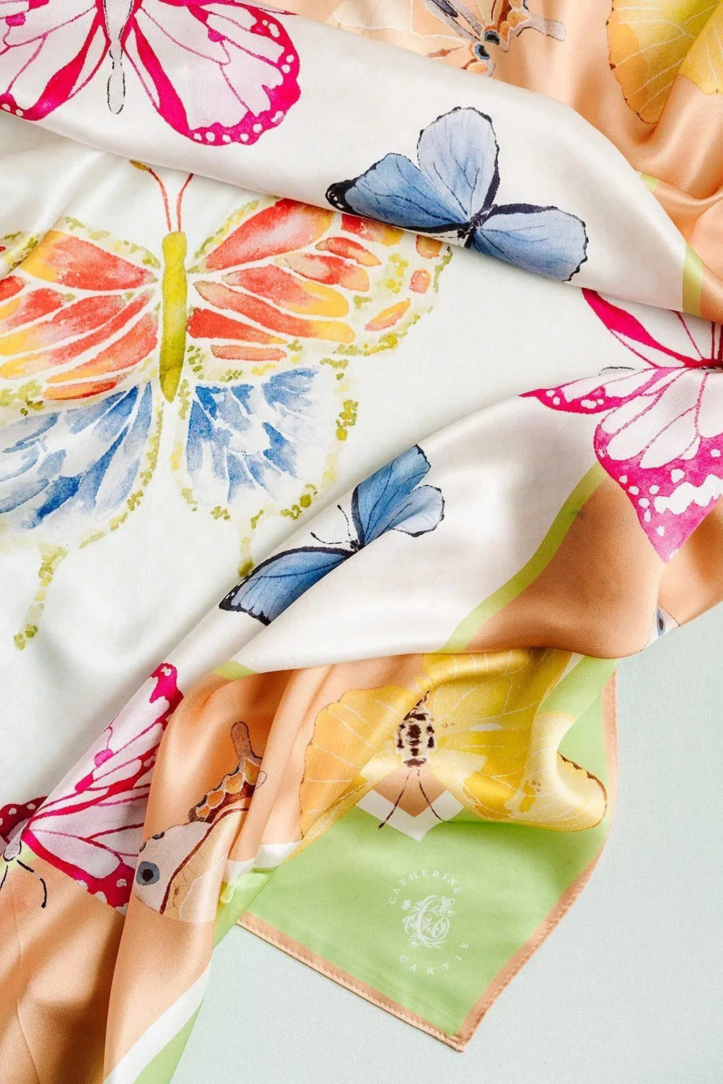 Catherine Cartie Bright Butterfly Silk Scarf – 36” Luxury Hand-Painted Silk Scarf